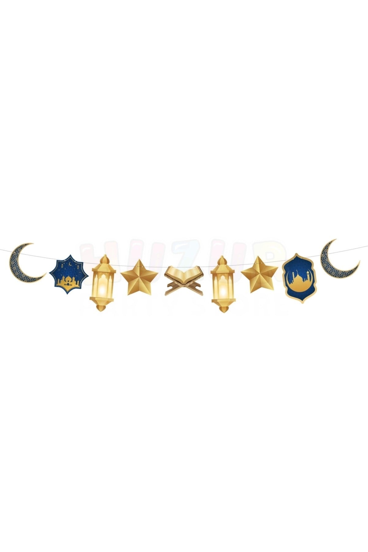Ramazan Bayramı Dekoratif Asmalık Süs 140 Cm Lacivert Gold Banner Hilal Yıldız Kuran Mahya Cami Tema