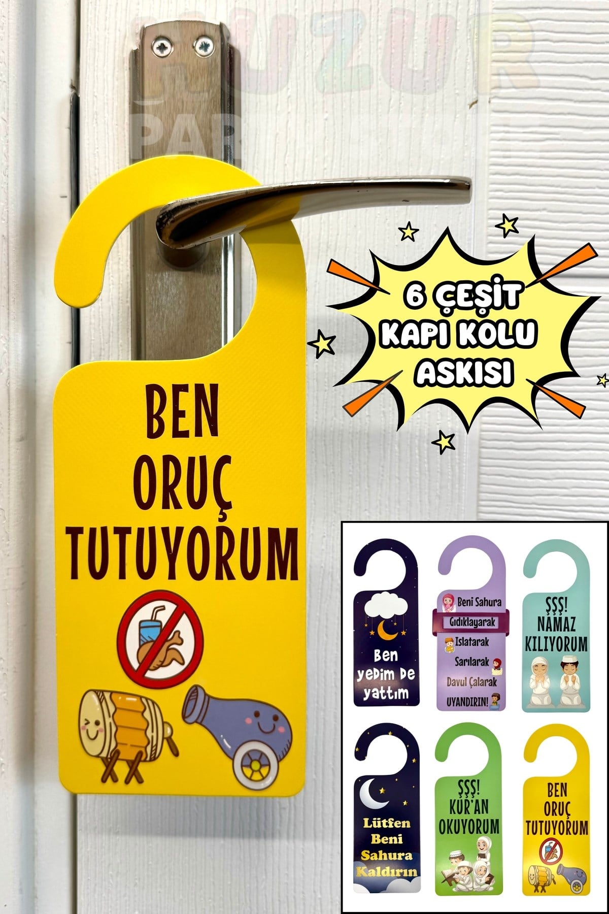 Ramazan Bayramı Kapı Kolu Askısı 6 Adet 23x9 Cm Eğlenceli Sahur İftar Askılığı Seçenek Ayar Çubuklu