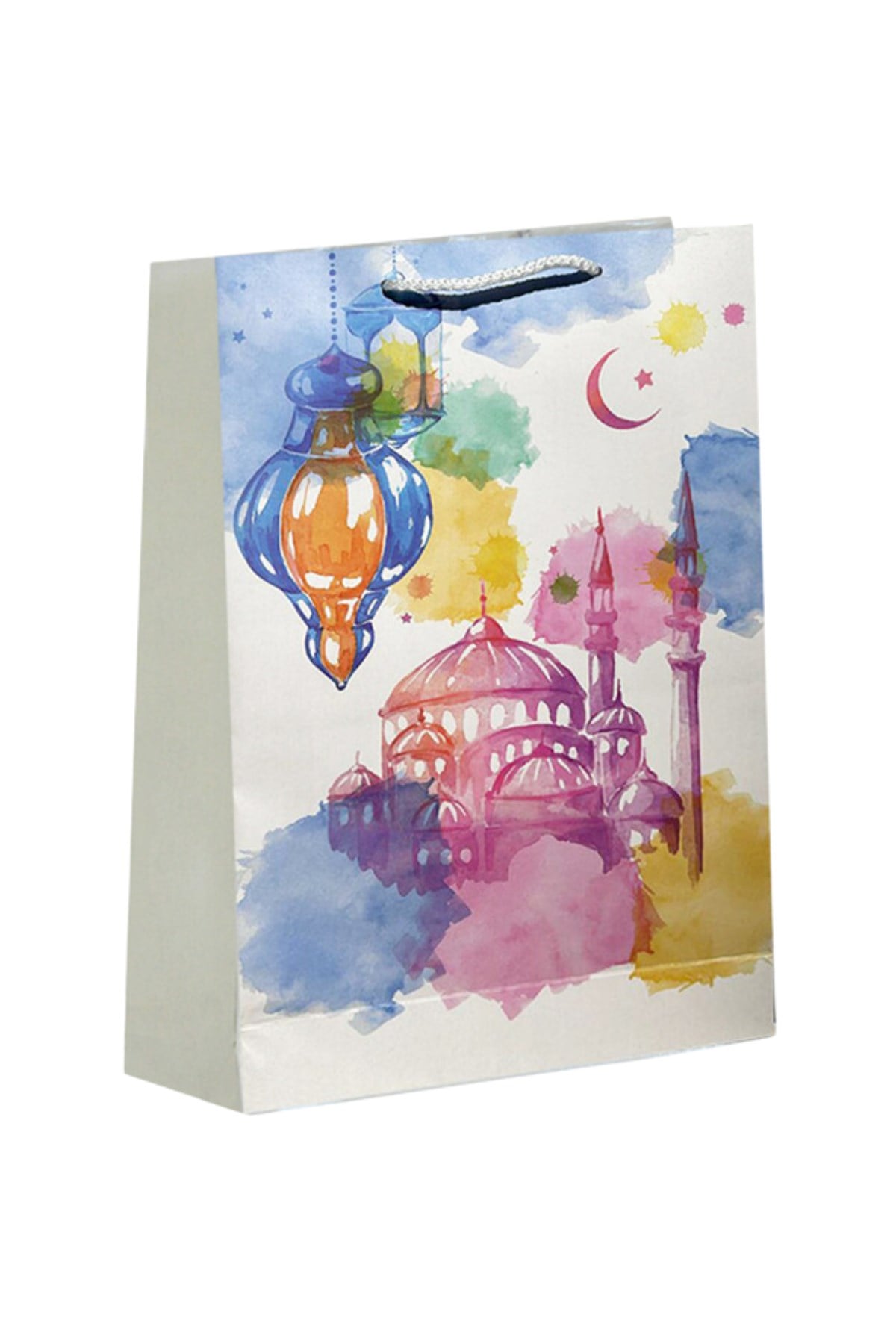 Ramazan Bayramı Karton Çanta Boya Püskürtme Temalı Cami Fener Hilal Yıldız Baskılı 40X26X8 Cm İpli