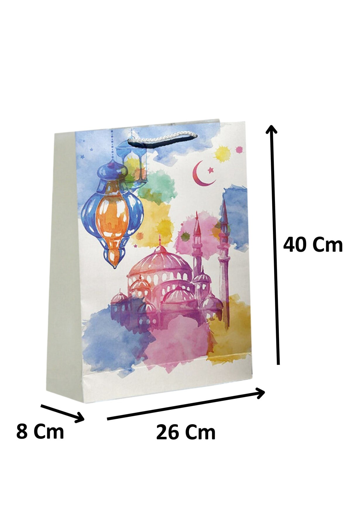 Ramazan Bayramı Karton Çanta Boya Püskürtme Temalı Cami Fener Hilal Yıldız Baskılı 40X26X8 Cm İpli