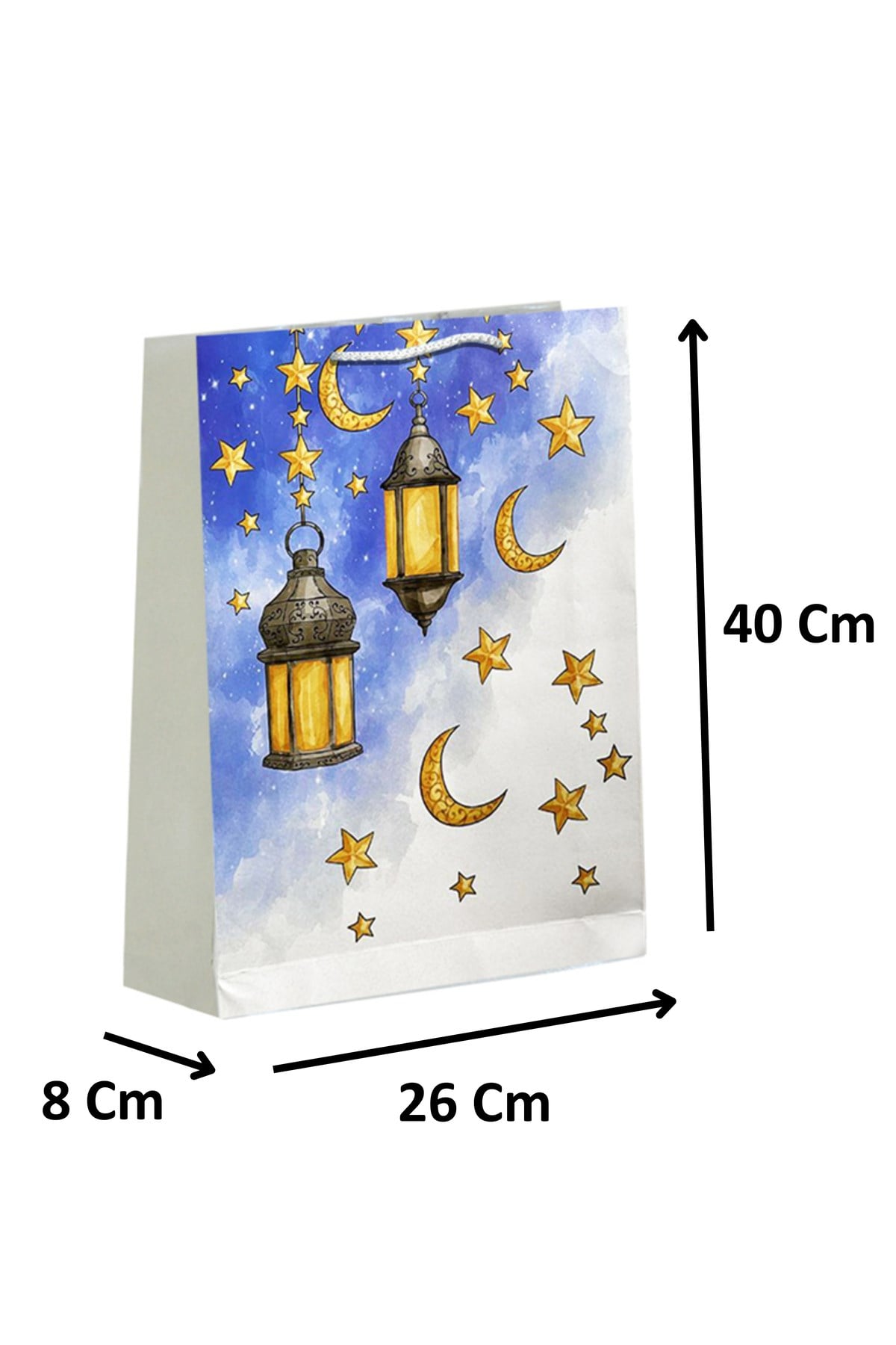 Ramazan Bayramı Karton Çanta Fener Kandil Ay Hilal Yıldız Baskılı 40X26X8 Cm İpli İslami Torba Poşet