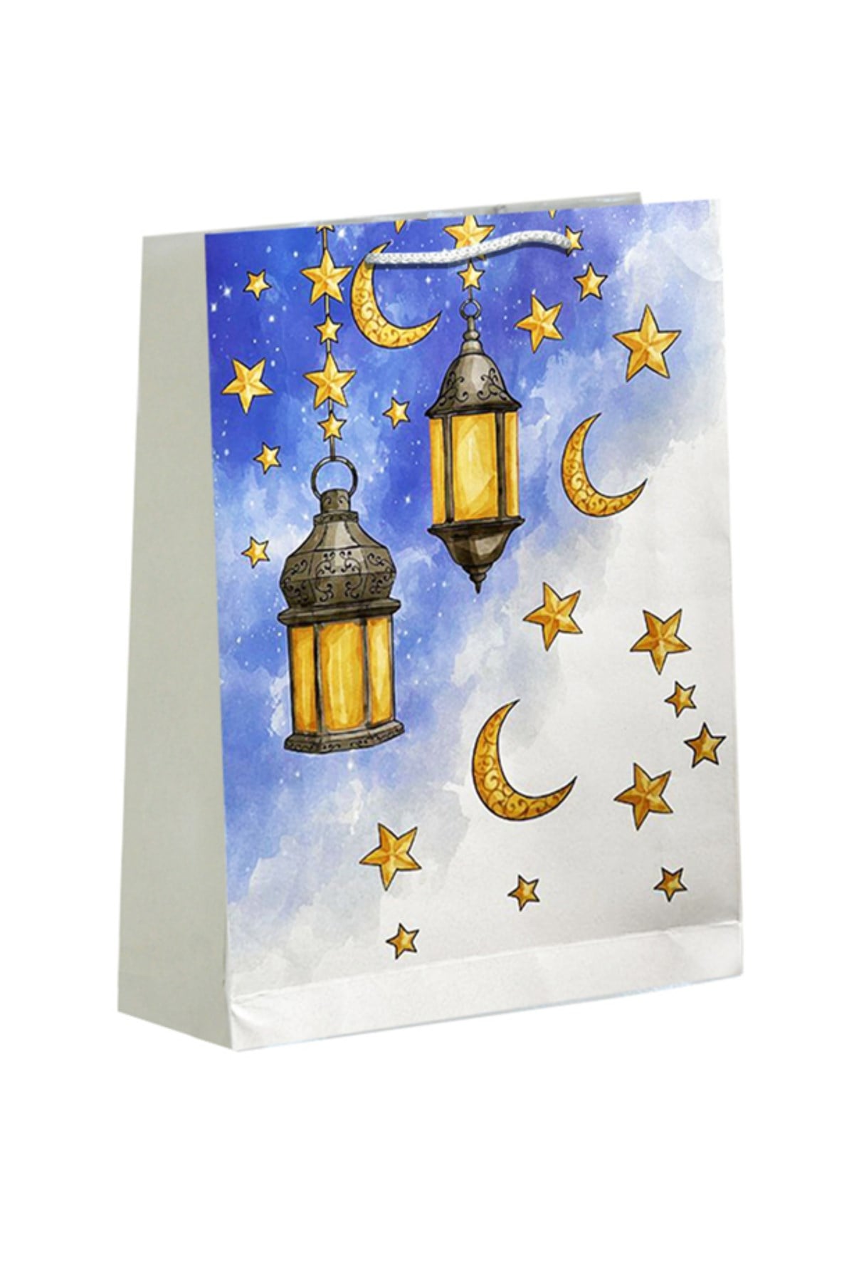 Ramazan Bayramı Karton Çanta Fener Kandil Ay Hilal Yıldız Baskılı 40X26X8 Cm İpli İslami Torba Poşet