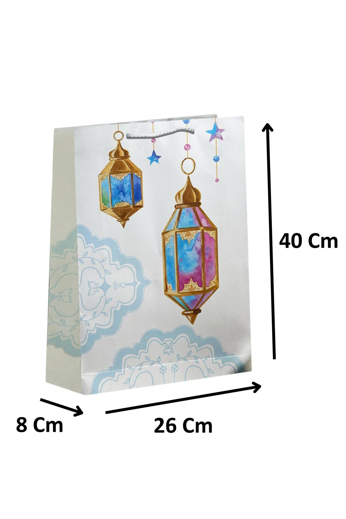 Ramazan Bayramı Karton Çanta Fener Kandil Yıldız Baskılı 40X26X8 Cm İpli İslami Motifli Torba Poşet