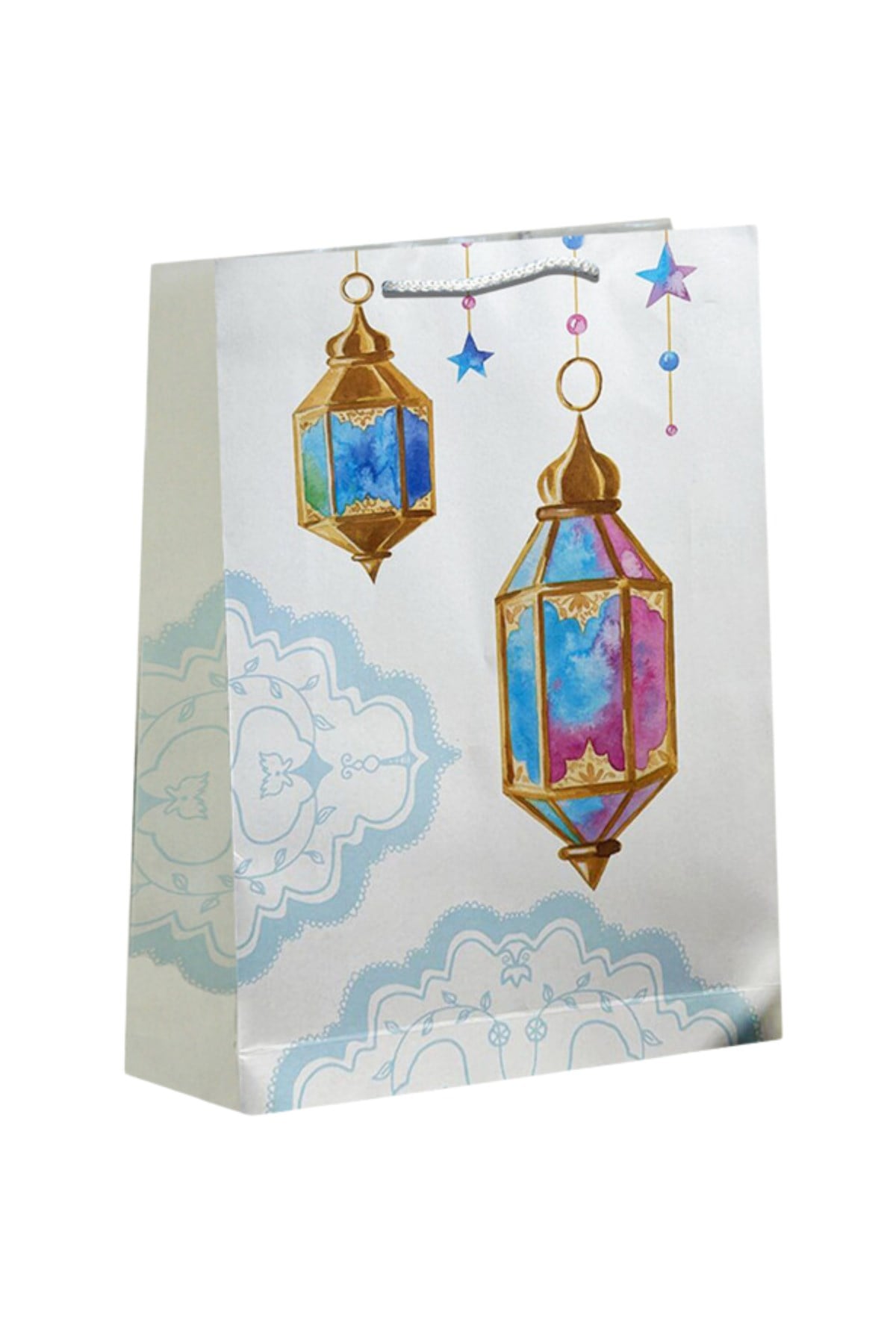Ramazan Bayramı Karton Çanta Fener Kandil Yıldız Baskılı 40X26X8 Cm İpli İslami Motifli Torba Poşet