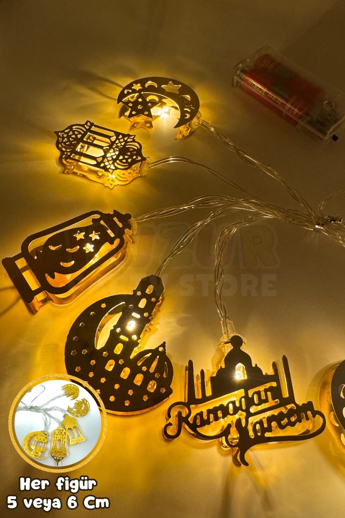 Ramazan Dini Karışık Figür Gold Metal Led Işık Süsü 2 Metre 10 Ledli Günışığı Sarı Pilli Fonksiyonlu