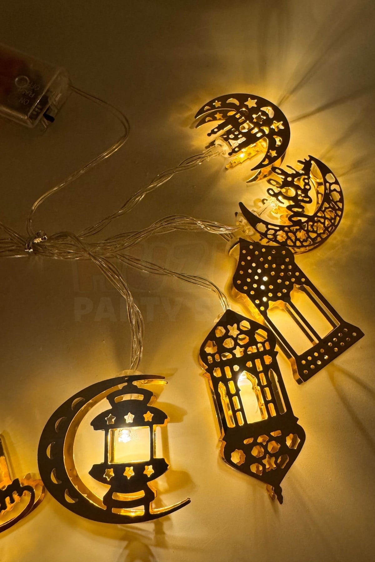 Ramazan Dini Karışık Figür Gold Metal Led Işık Süsü 2 Metre 10 Ledli Günışığı Sarı Pilli Fonksiyonlu
