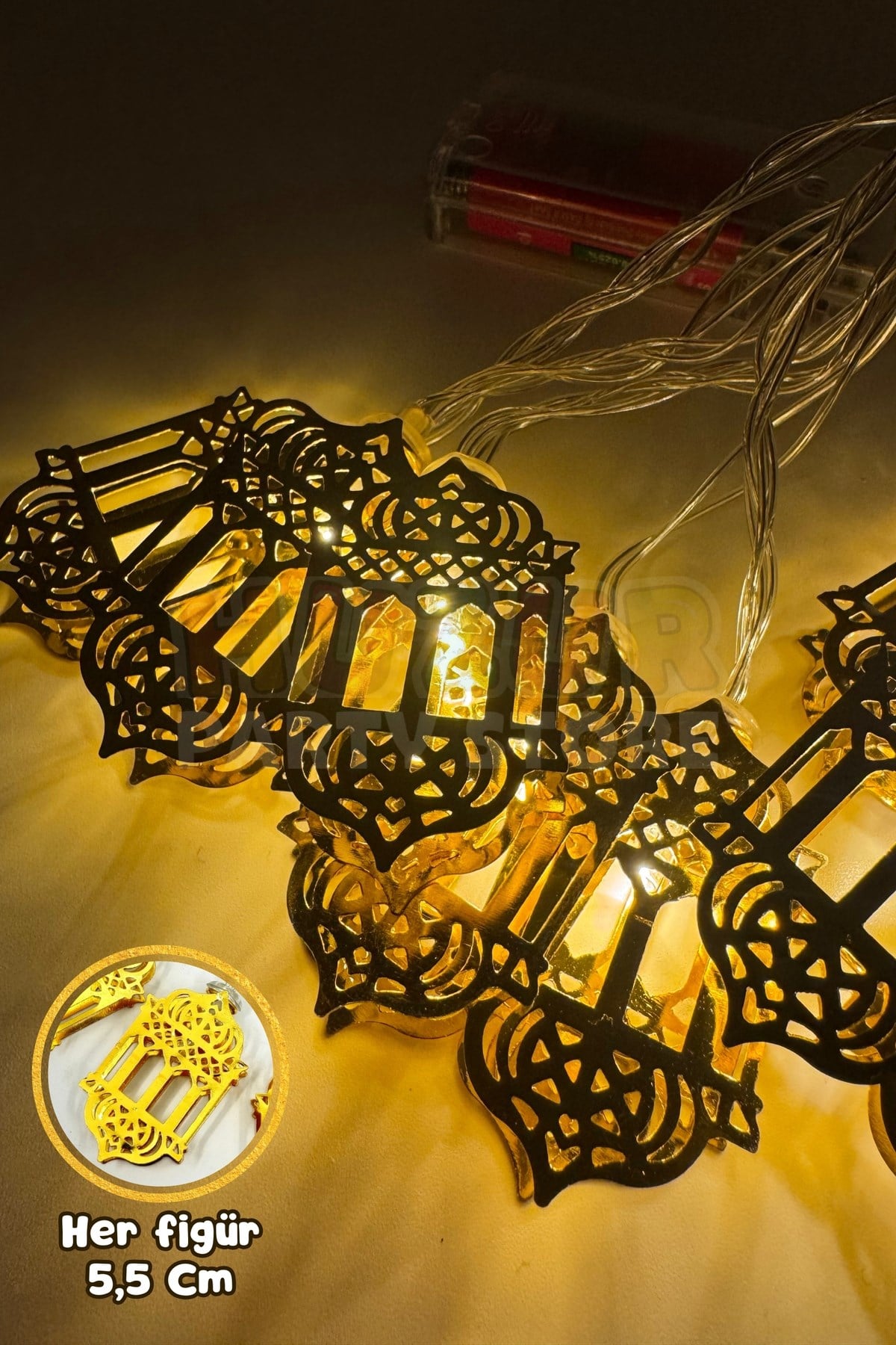 Ramazan Feneri Gold Metal Led Işık Süsü 2 Metre 10 Ledli Günışığı Sarı Pilli Dekoratif Fonksiyonlu