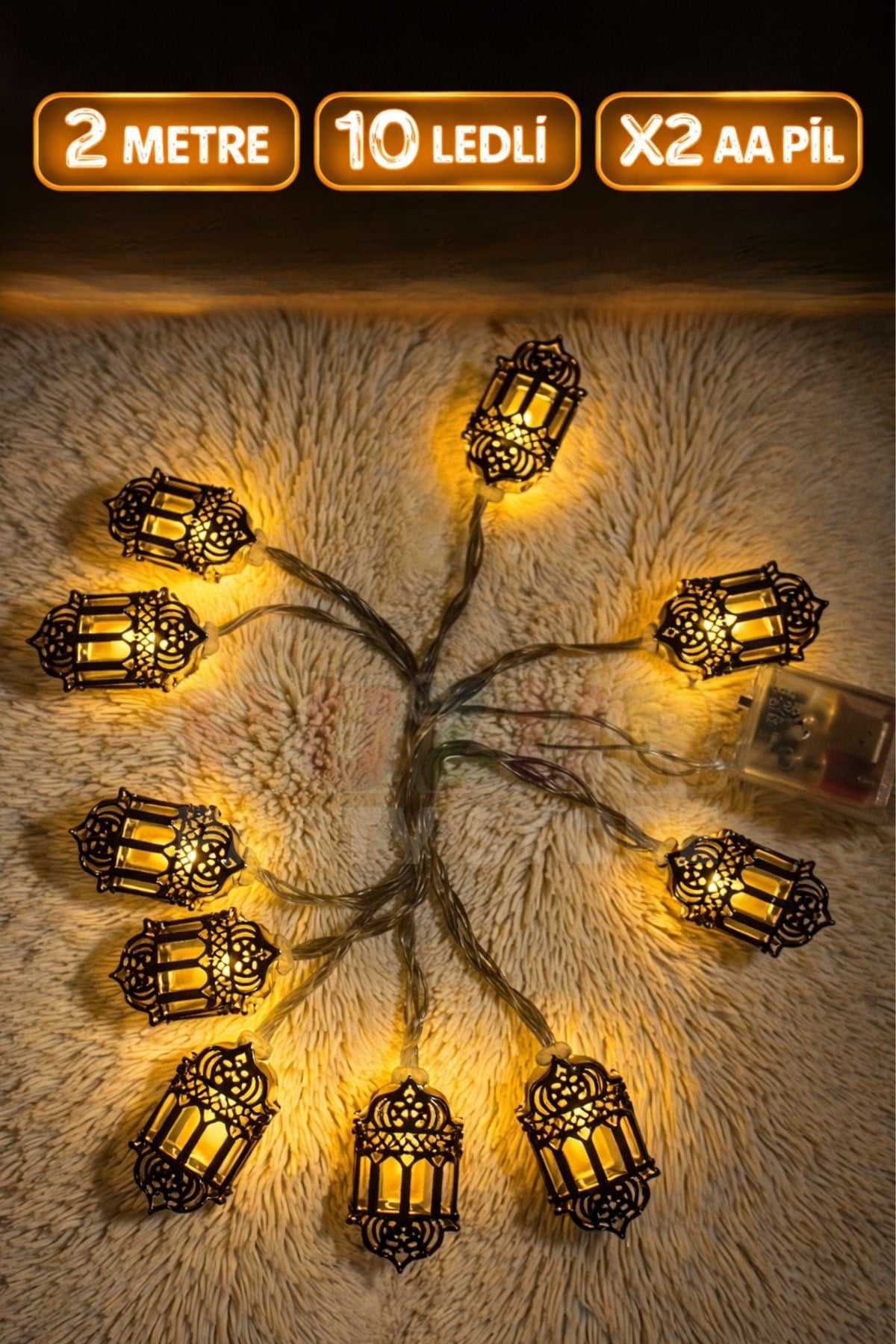 Ramazan Feneri Gold Metal Led Işık Süsü 2 Metre 10 Ledli Günışığı Sarı Pilli Dekoratif Fonksiyonlu