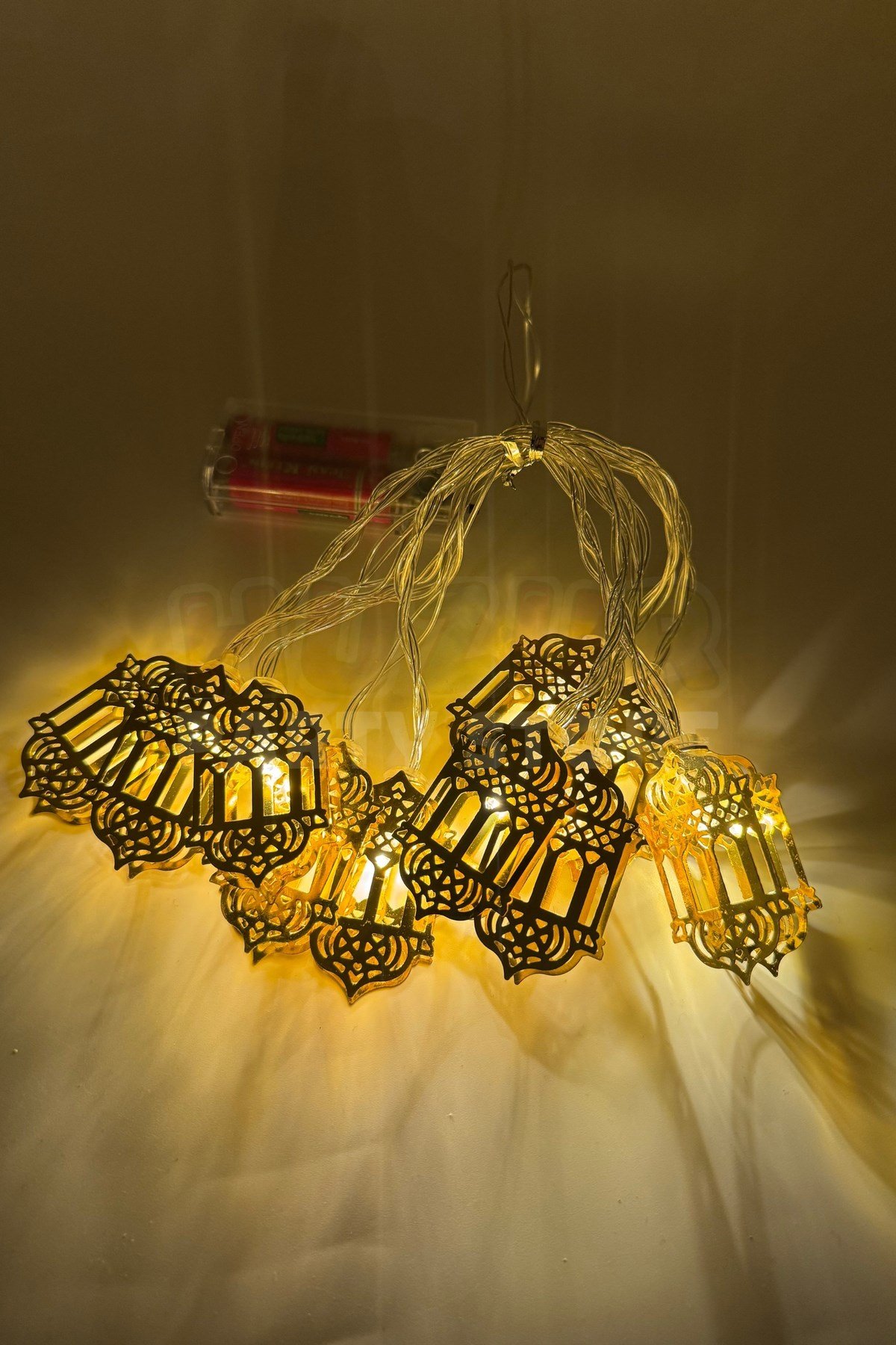 Ramazan Feneri Gold Metal Led Işık Süsü 2 Metre 10 Ledli Günışığı Sarı Pilli Dekoratif Fonksiyonlu