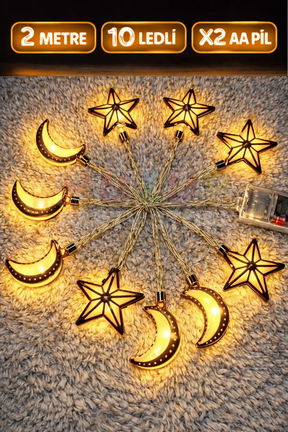Ramazan Yıldız Hilal Ay Led Işık Süsü 2 Metre Kabartmalı Parlak Günışığı Sarı Pilli Fonksiyonlu