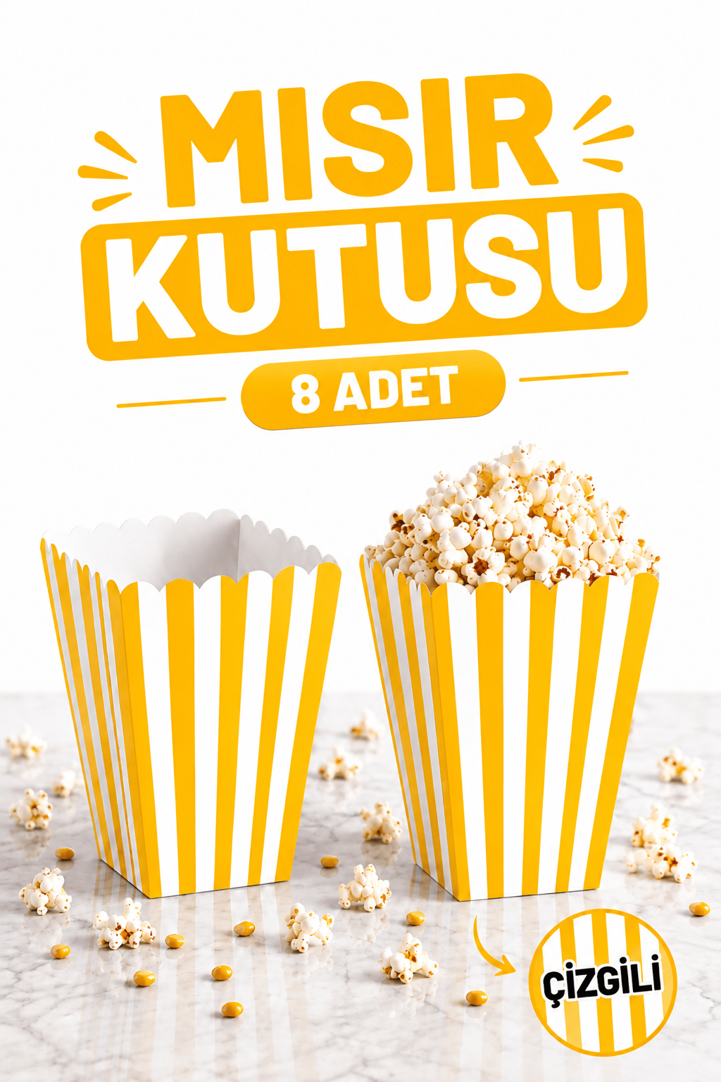 Sarı Çizgili Beyaz Mısır Kutusu 8li Karton Cips Kutusu 8 Adet Pop Corn Darı Kabı