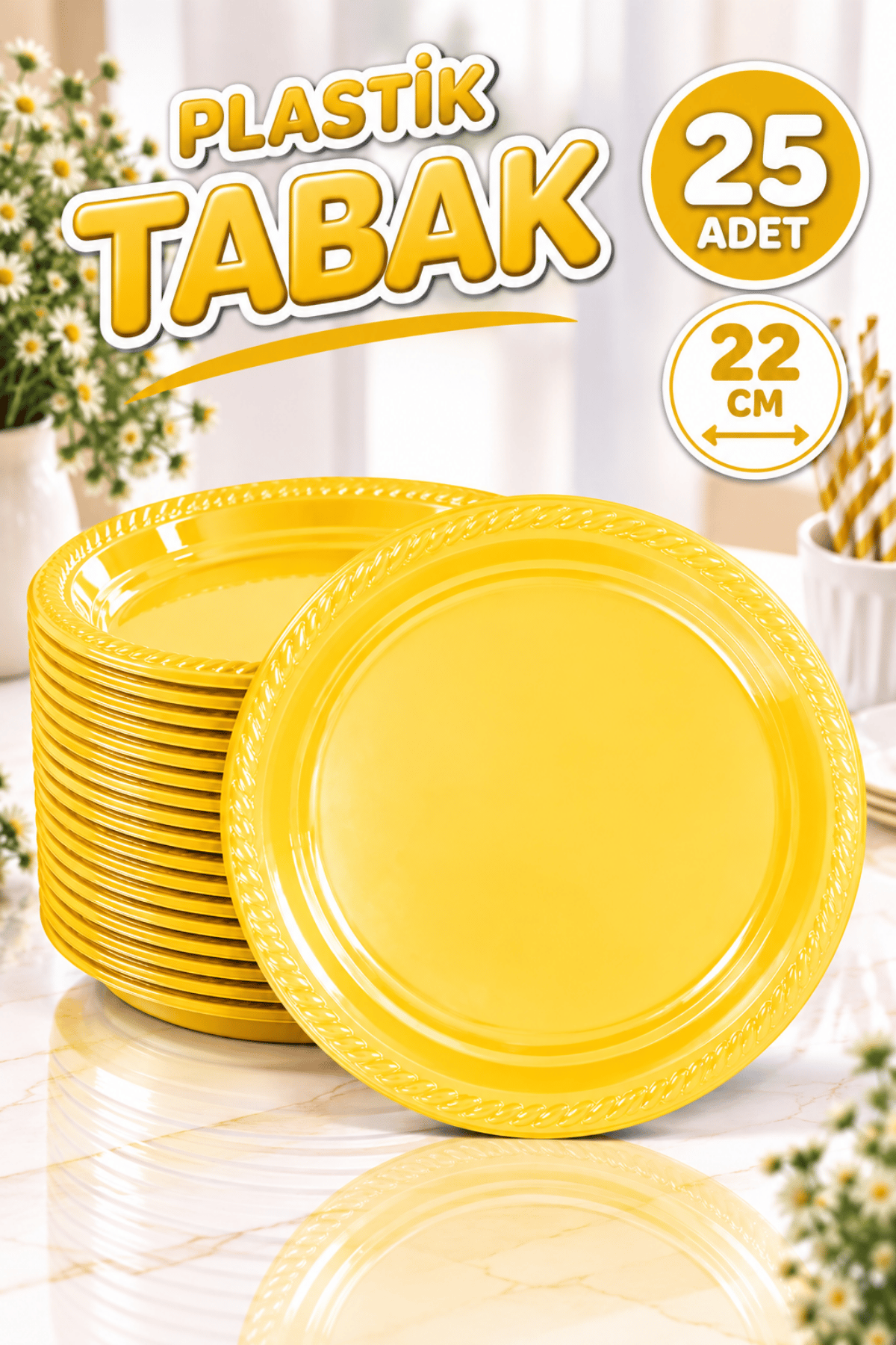 Sarı Renginde 22cm 25li Parlak Tabak Renkli Dayanıklı Plastik Doğum Günü Parti Tabağı