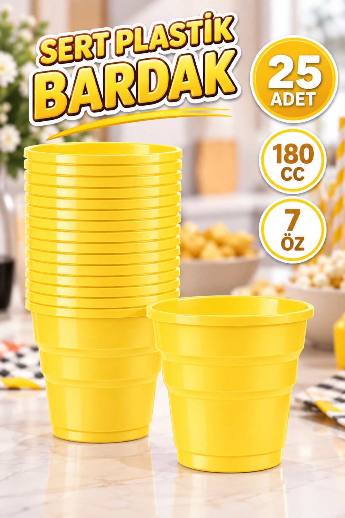 Sarı Renk 25 Li Plastik Bardak 180 Cc 7 Oz Sert Doğum Günü Partisi Meşrubat Bardağı