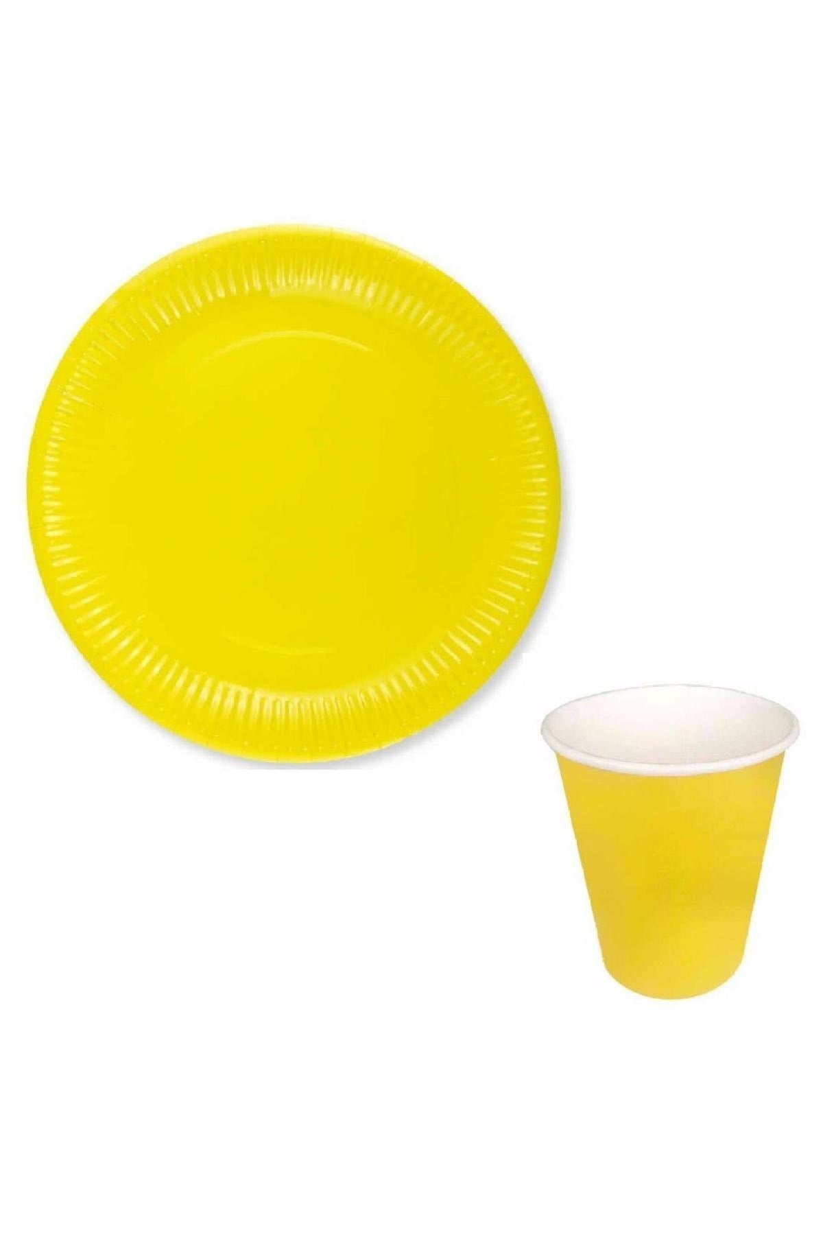 Sarı Renkli Dayanıklı Kullan At 8 Er Adet 22 Cm Doğum Günü Partisi Karton Tabak Ve Bardak Seti