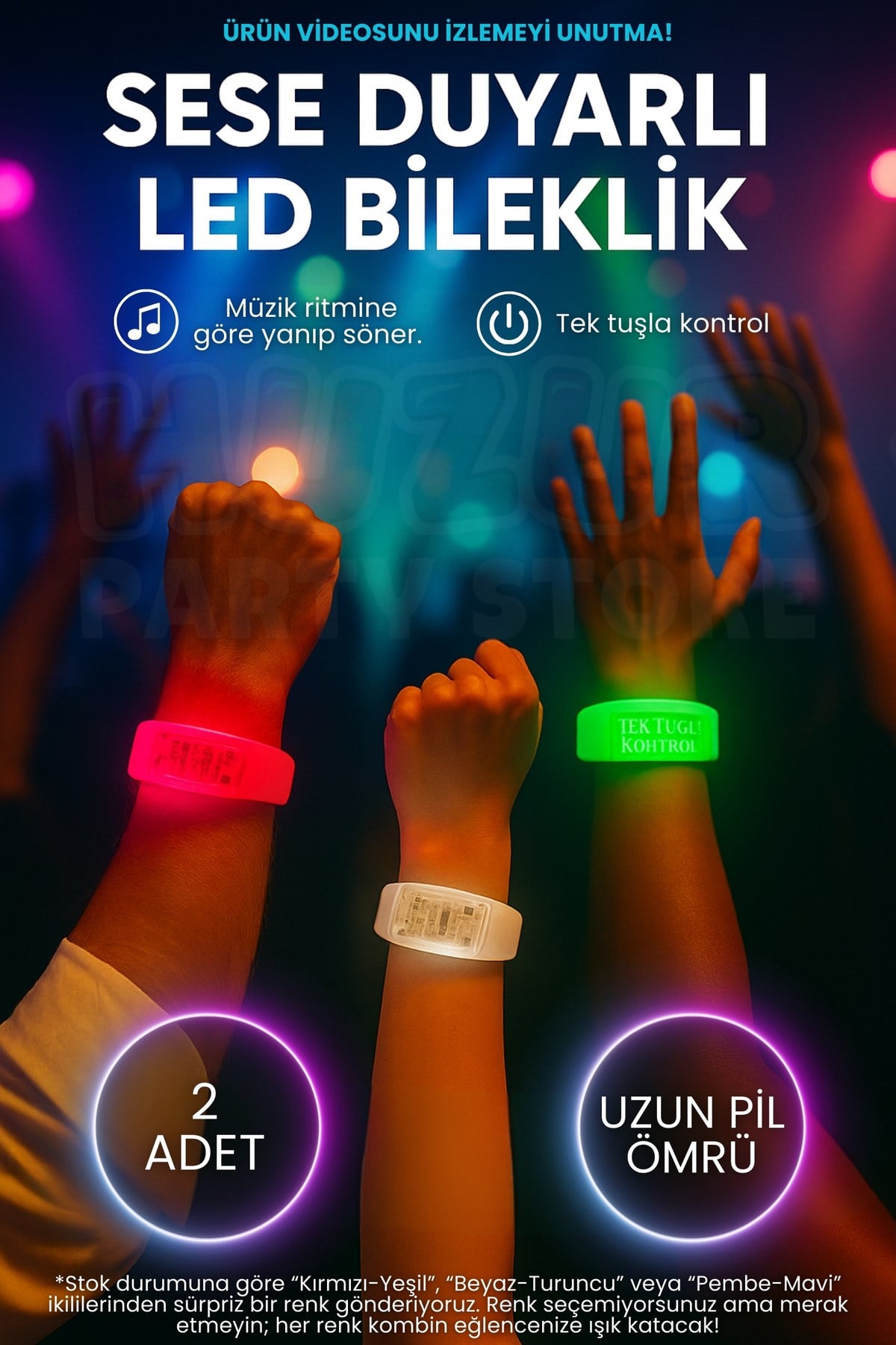 Sese Duyarlı 2li Led Bileklik Seti Parti Konser Festival Etkinlik Uzun Pil Ömrü Tek Tuş Kontrol