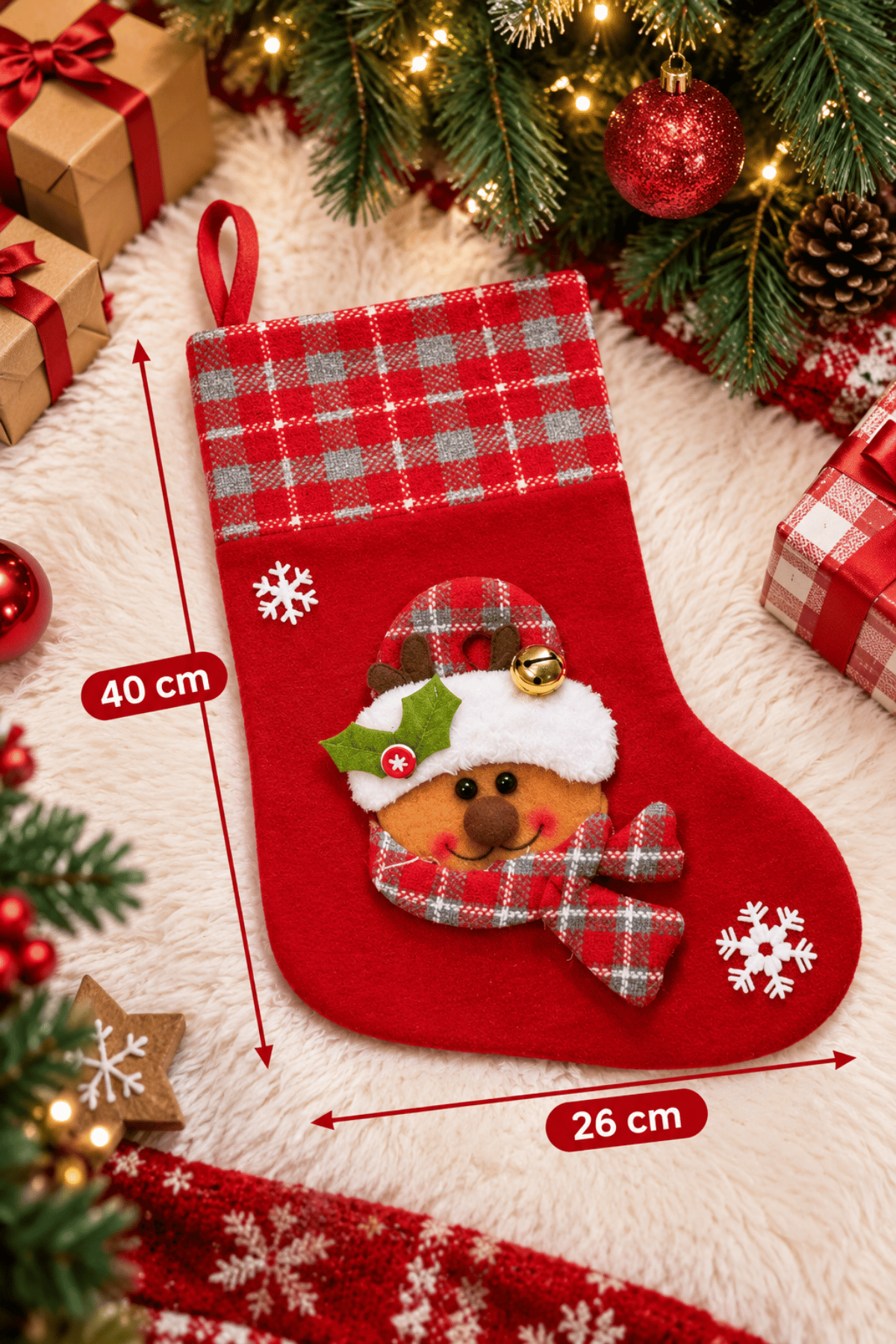 Sevimli Ayıcık Yılbaşı Peluş Çorap Kabartmalı 40x26 Cm Kırmızı Ekoseli Yeni Yıl Çam Ağacı Asılan Süs