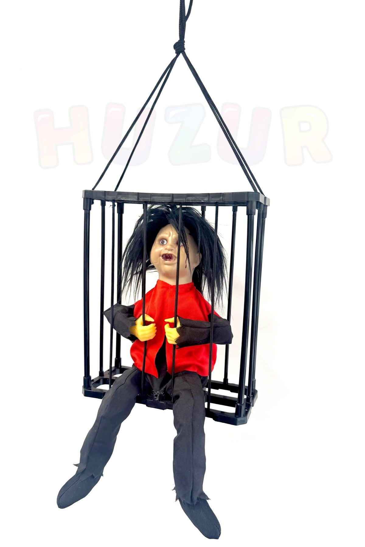 Şeytani Bebek Hareketli Sese Duyarlı Kafes İçinde Işıklı 40x24 Cm Cadılar Bayramı Halloween Dekor