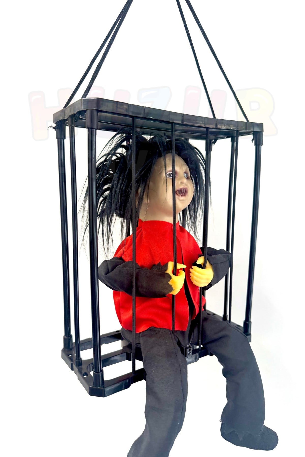 Şeytani Bebek Hareketli Sese Duyarlı Kafes İçinde Işıklı 40x24 Cm Cadılar Bayramı Halloween Dekor