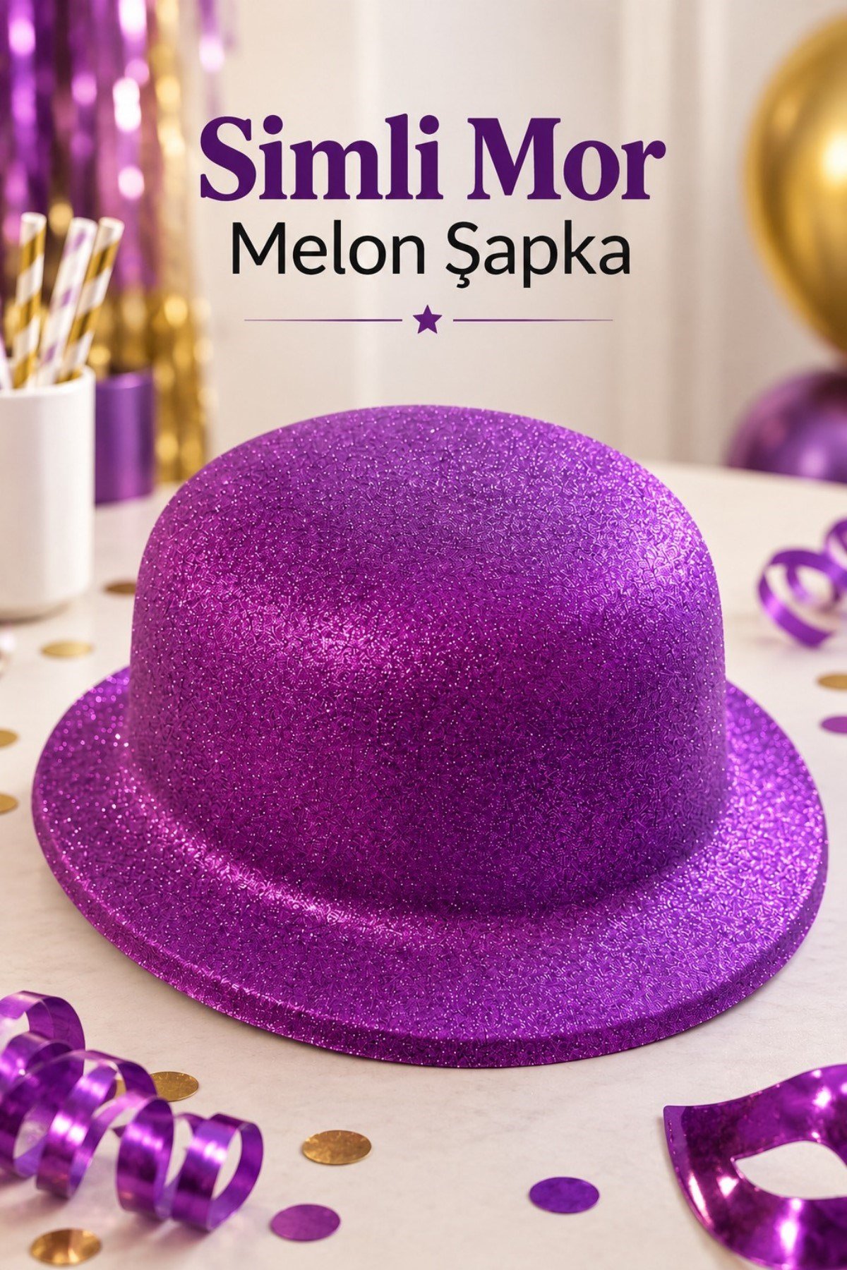 Simli Melon Mor Şapka İnce Plastik Parti Eğlence Doğum Günü Kostüm Aksesuarı Yetişkin Gösteri
