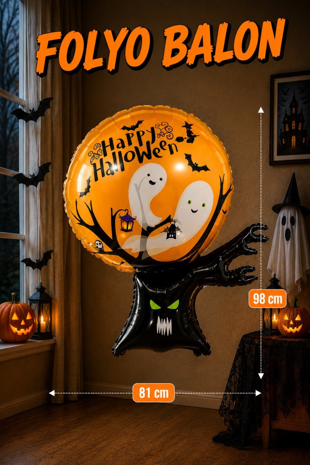 Siyah Halloween Ağacı Folyo Balon 81x98 Cm Cadılar Bayramı Partisi Dekoratif Balon