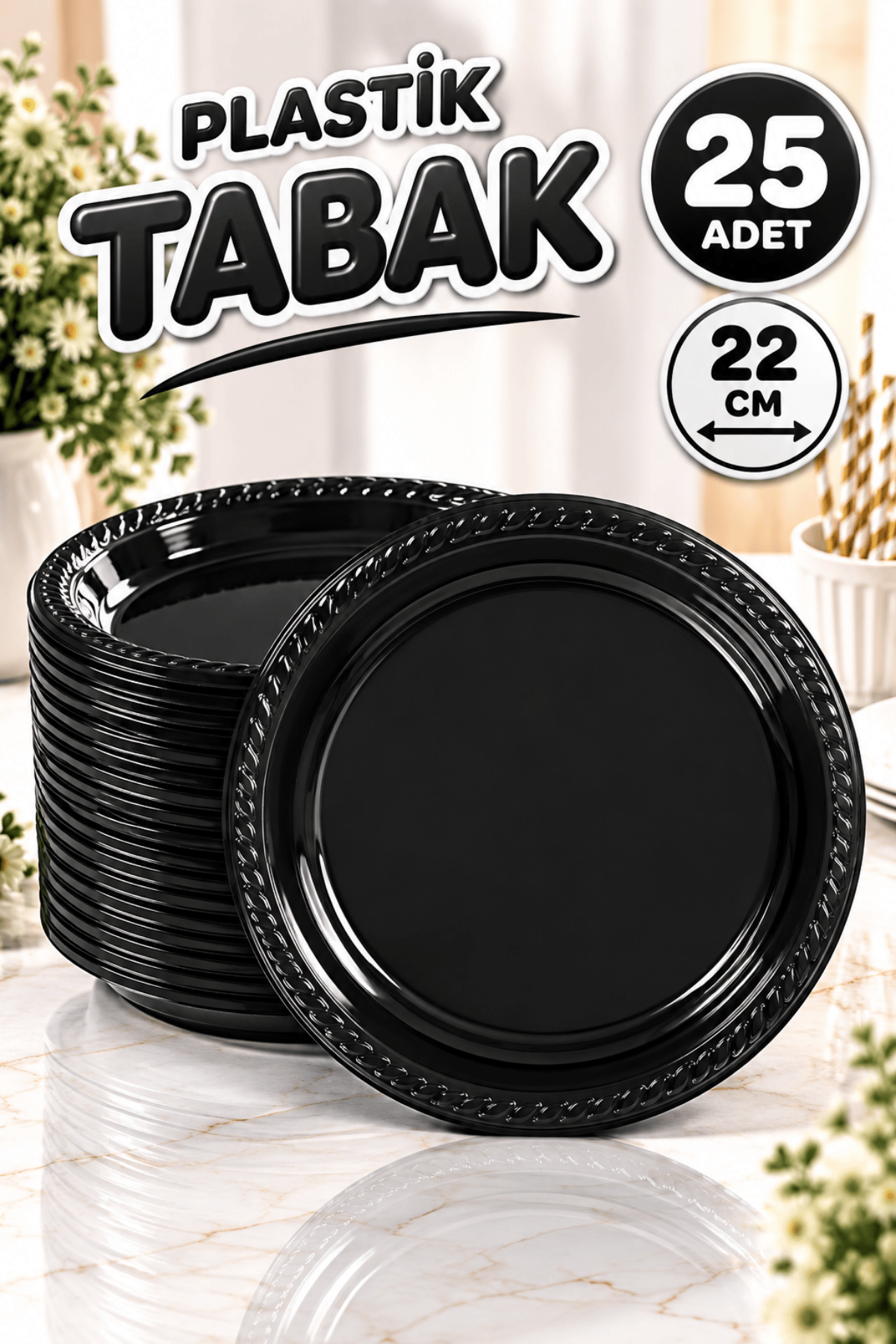 Siyah Renginde 22cm 25li Parlak Tabak Renkli Dayanıklı Plastik Doğum Günü Parti Tabağı
