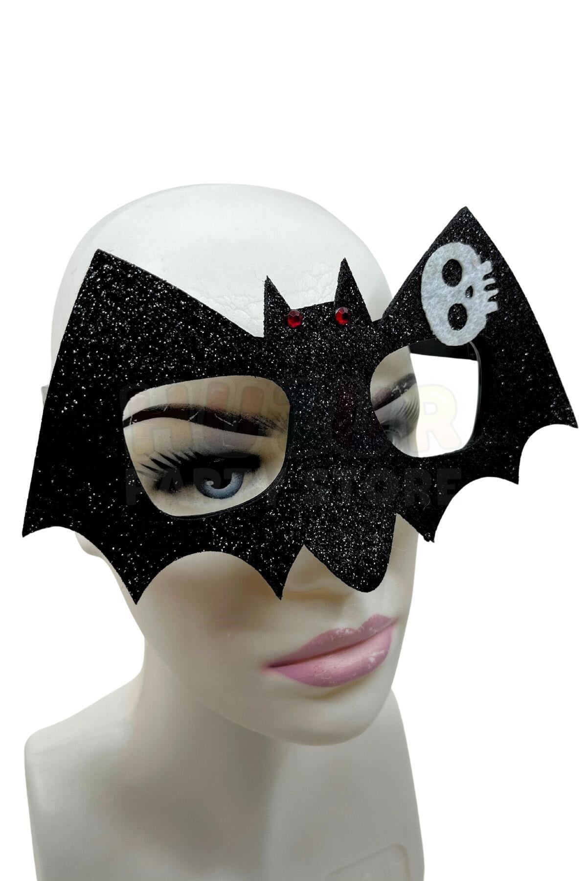 Siyah Yarasa Gözlük Keçe Simli Kırmızı Gözlü Beyaz Kafatası Detaylı Halloween Parti Cadıllar Bayramı