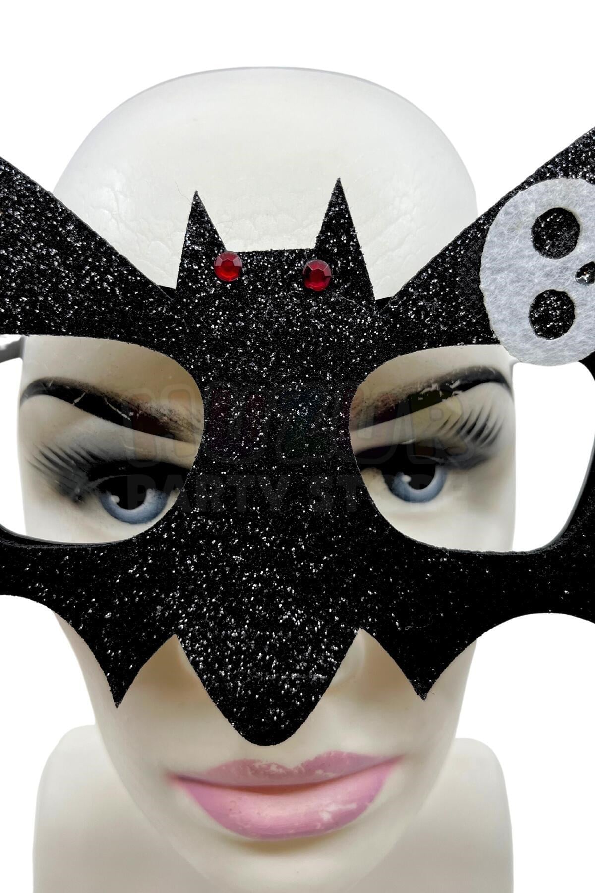 Siyah Yarasa Gözlük Keçe Simli Kırmızı Gözlü Beyaz Kafatası Detaylı Halloween Parti Cadıllar Bayramı