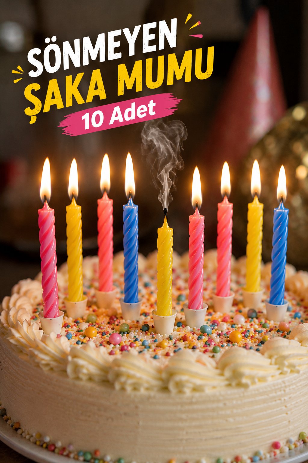 Sönmeyen Şaka Mumu 10 Adet Üfleyince Sönmeyen Doğum Günü Pasta Mumu