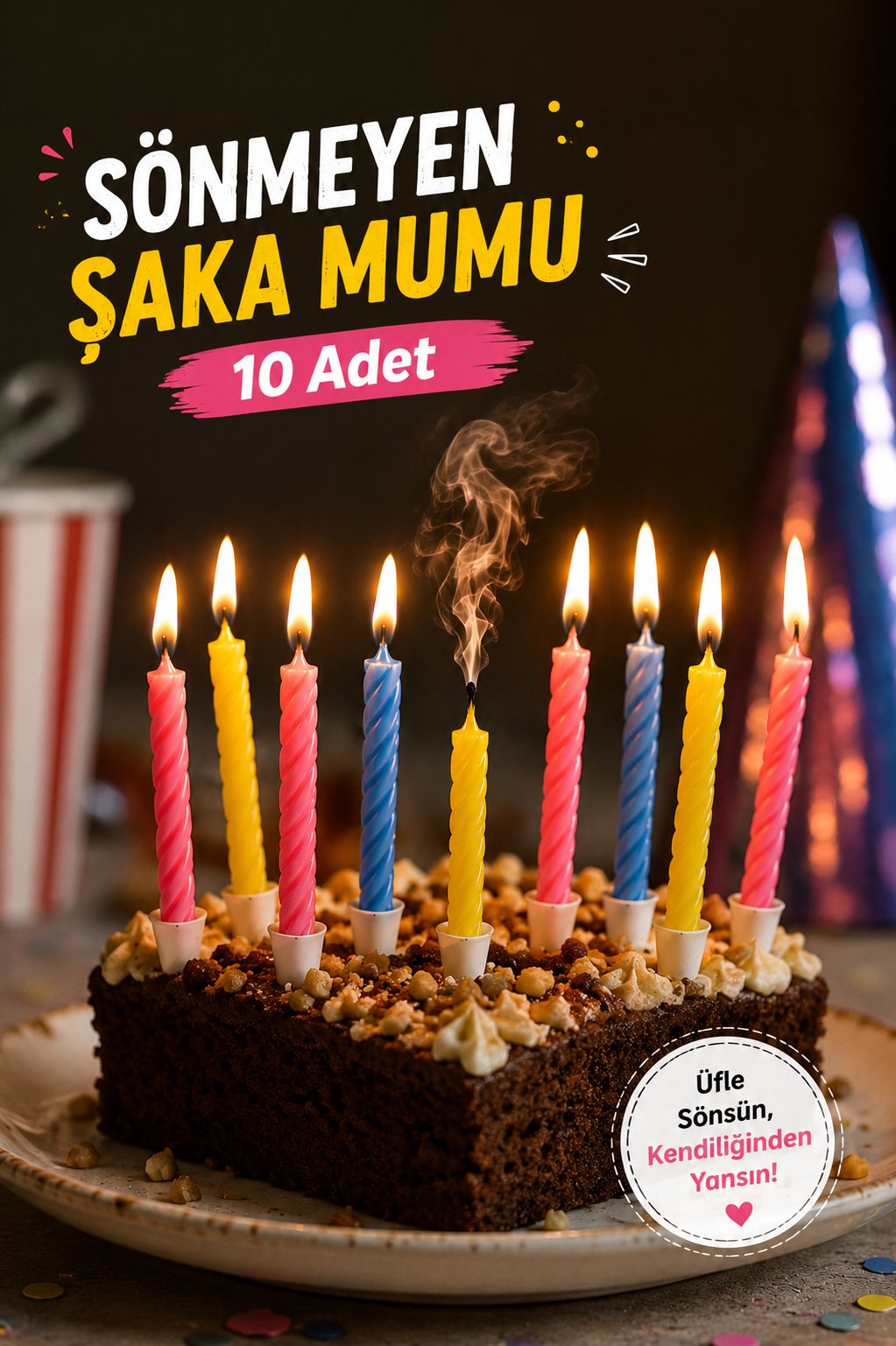 Sönmeyen Şaka Mumu 10 Adet Üfleyince Sönmeyen Doğum Günü Pasta Mumu