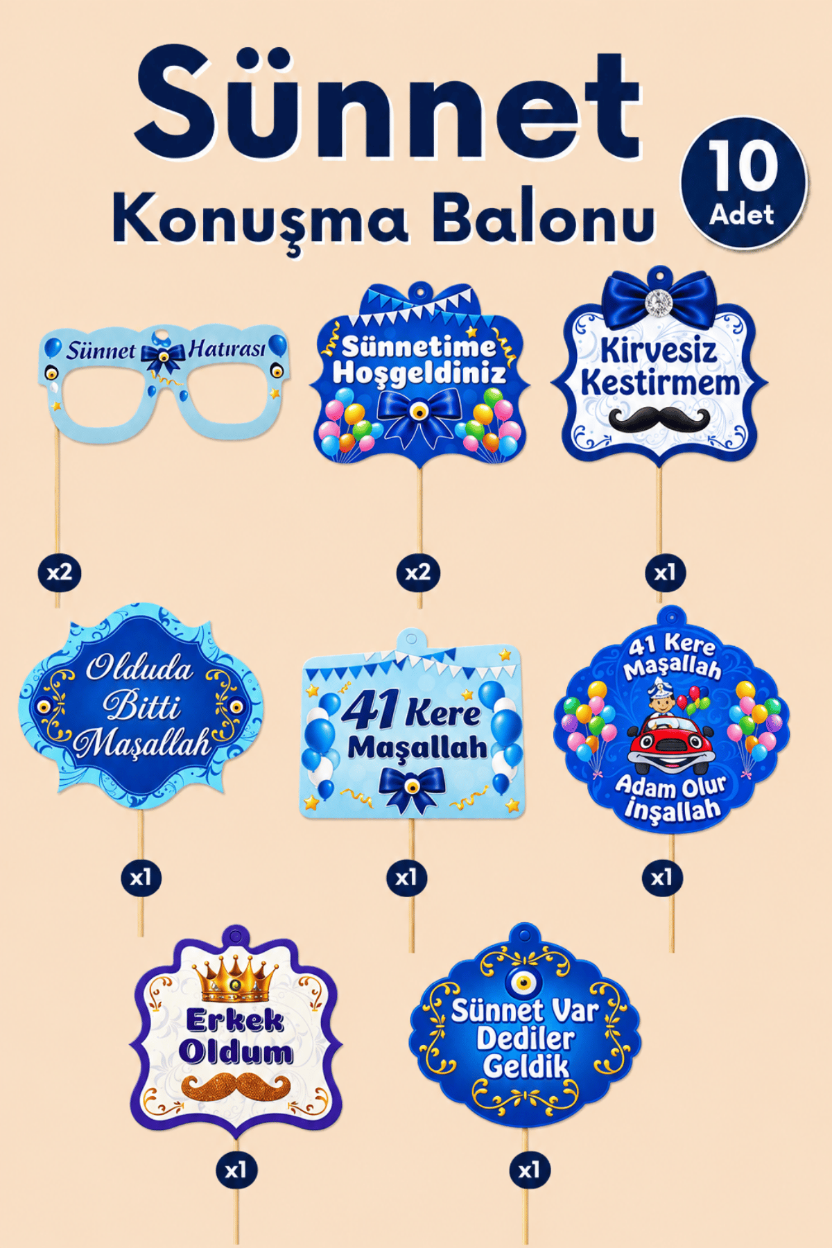 Sünnet Mevlüdü Konuşma Balonu 10lu 30 cm Fotoğraf Çekim Aksesuarı Mevlid Parti Süsü Poz Çubuğu Seti