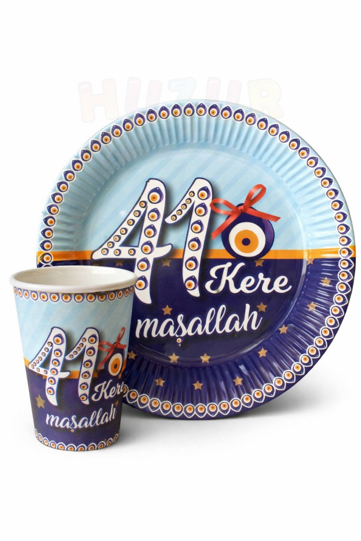 Sünnet Tabak Bardak 8 Adet 41 Kere Maşallah Sünnetime Hoşgeldiniz Temalı 22 Cm Karton Mevlüt Tabağı