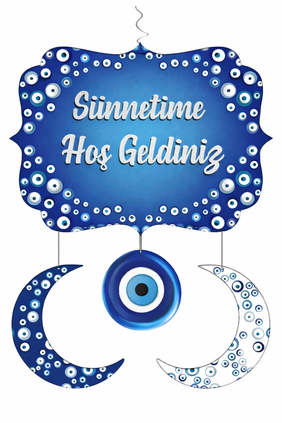 Sünnetime Hoş Geldiniz 120 Cm Asmalı Nazar Boncuklu Hilal Tavan Süsü Mavi Beyaz Sünnet Dekorasyonu