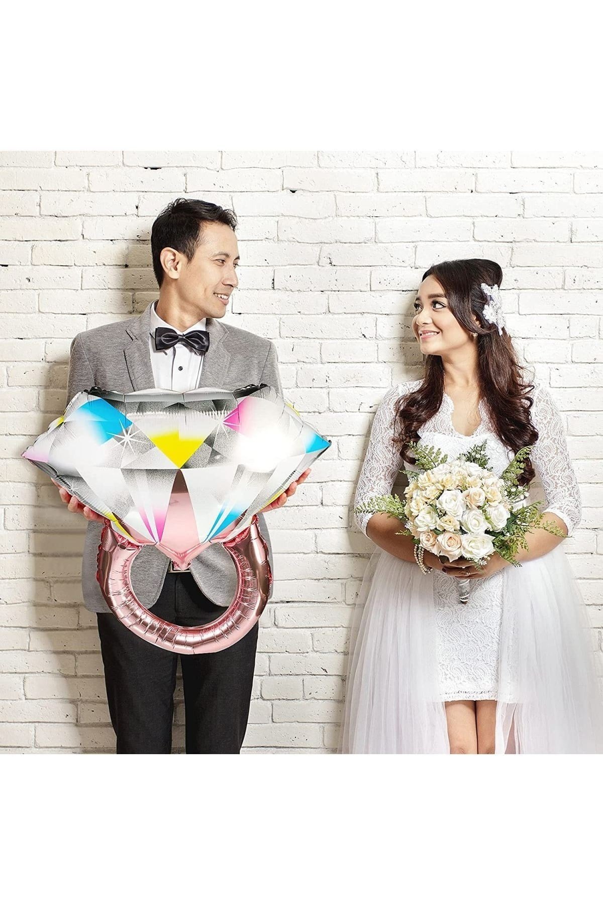 Tektaş Yüzük Rose Gold Renkli Elmas Folyo Balon Bekarlığa Veda Partisi Bride To Be Evlilik 66x60 Cm