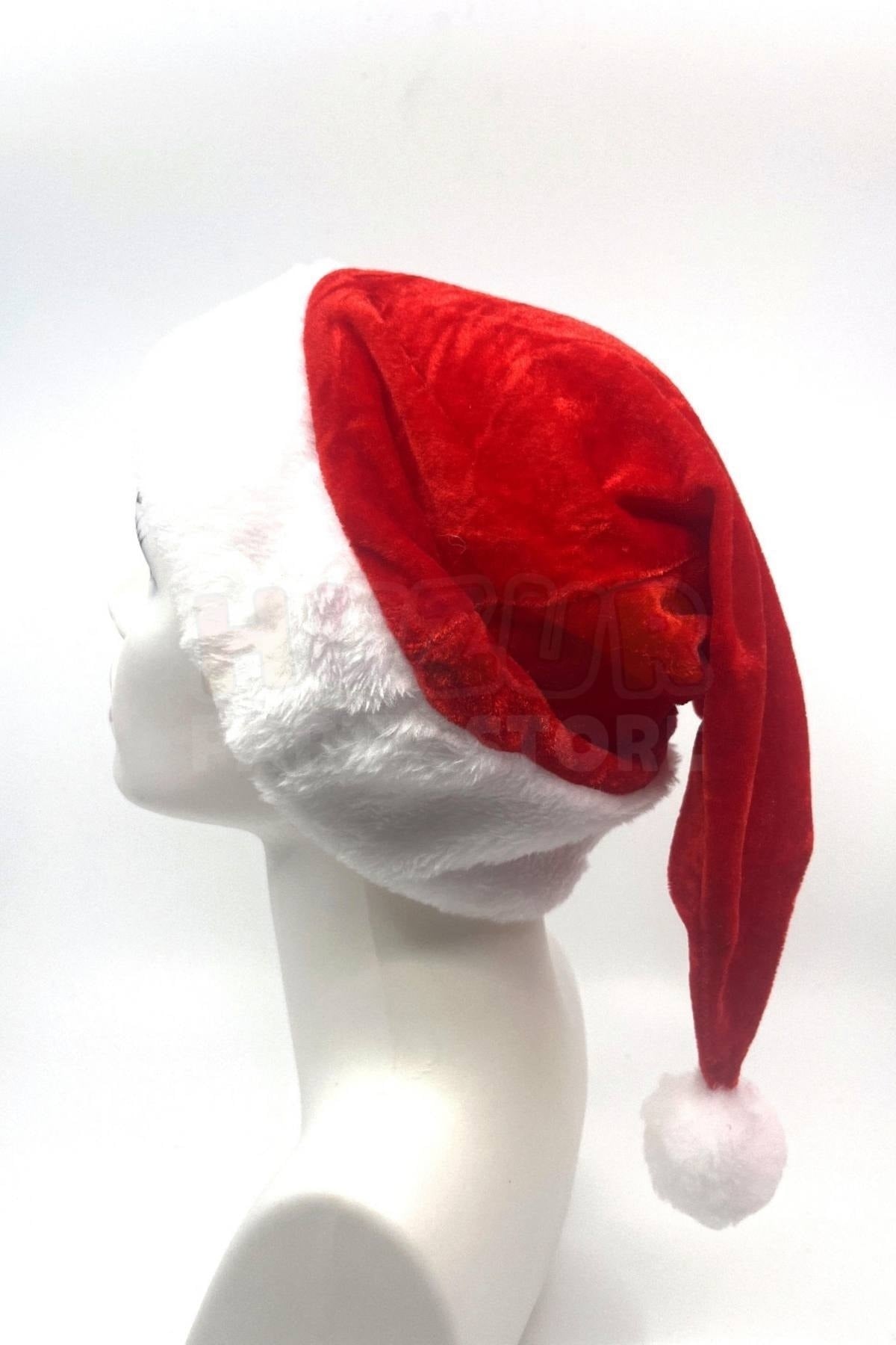Ultra Lüx Peluş Yılbaşı Noel Baba Şapkası Ucu Ponponlu Yeni Yıl Partisi Kırmızı Beyaz Renkli