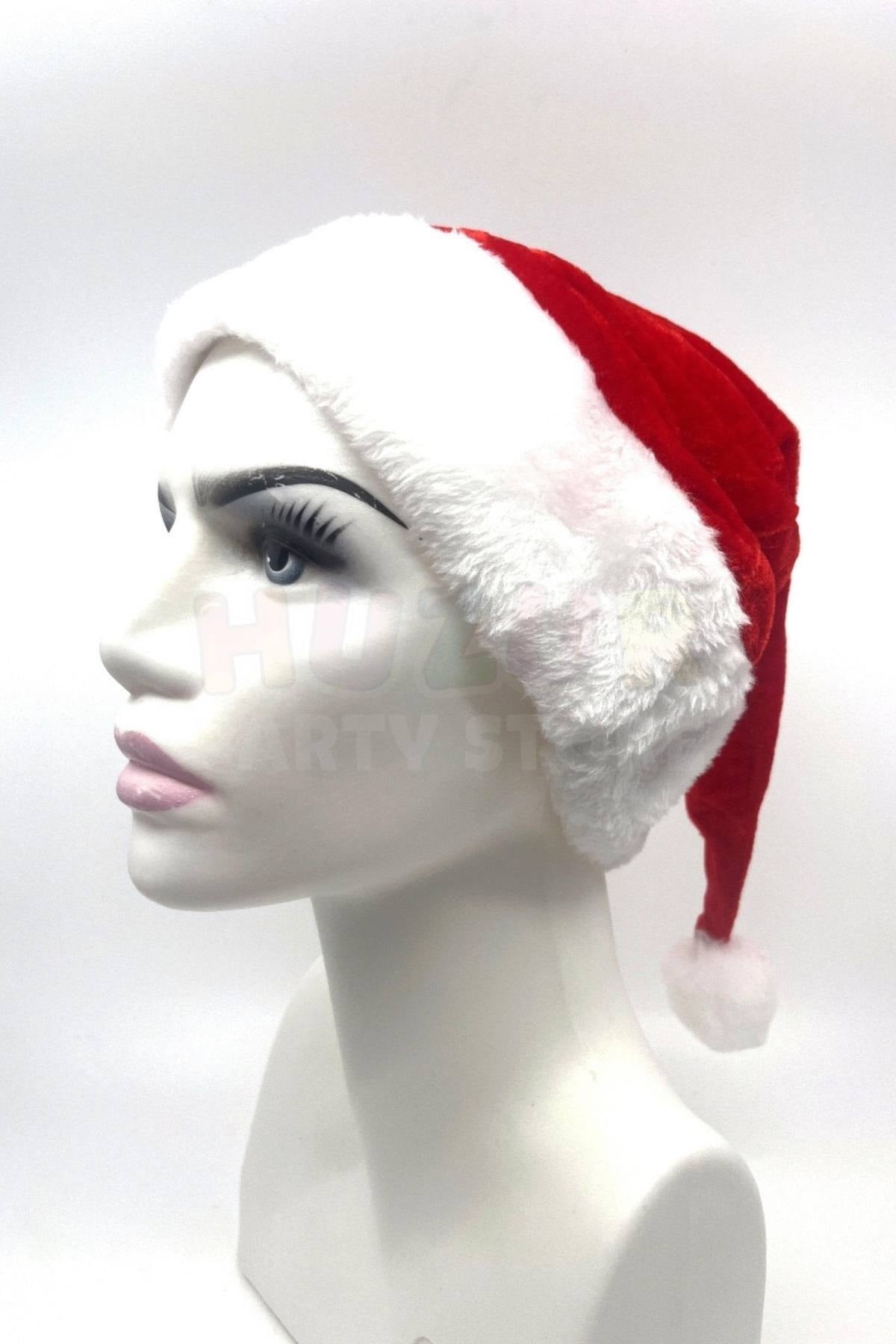 Ultra Lüx Peluş Yılbaşı Noel Baba Şapkası Ucu Ponponlu Yeni Yıl Partisi Kırmızı Beyaz Renkli