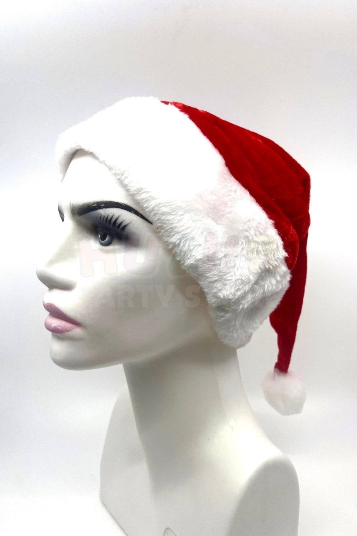 Ultra Lüx Peluş Yılbaşı Noel Baba Şapkası Ucu Ponponlu Yeni Yıl Partisi Kırmızı Beyaz Renkli