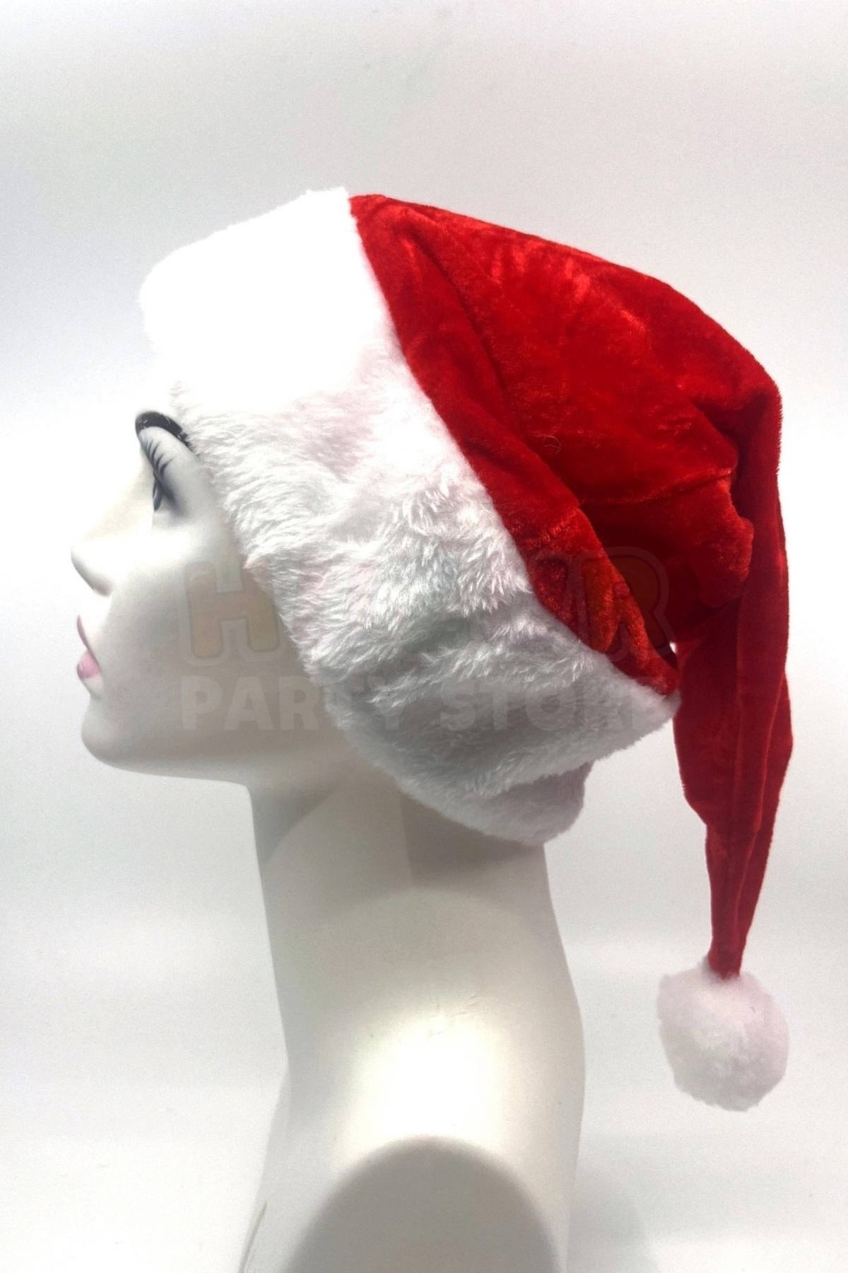 Ultra Lüx Peluş Yılbaşı Noel Baba Şapkası Ucu Ponponlu Yeni Yıl Partisi Kırmızı Beyaz Renkli