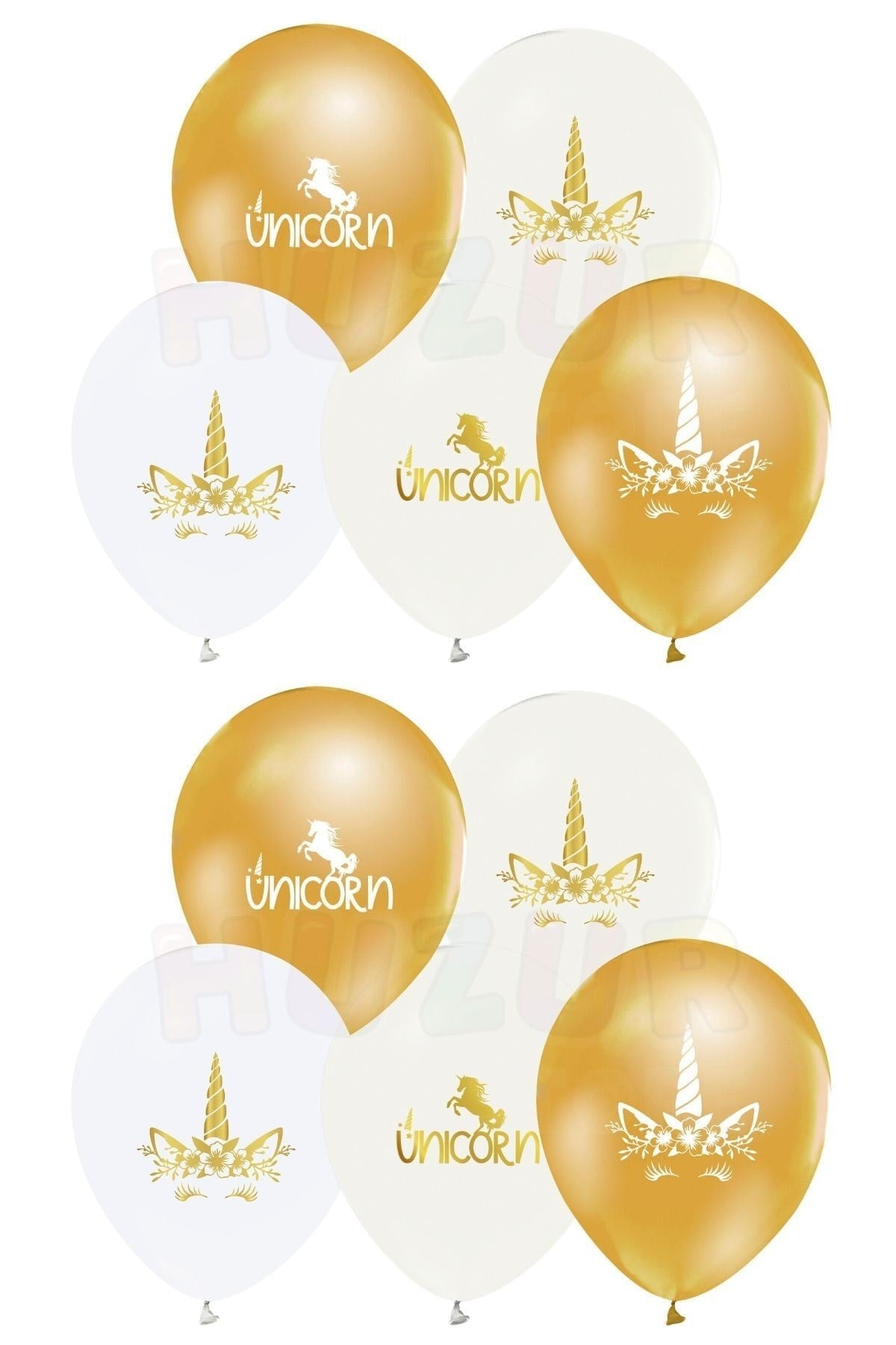 Unicorn Baskılı Balon 10 Adet Metalik Gold Pastel Beyaz Ve Şeffaf Balon 30 Cm Boynuzlu At Doğum Günü