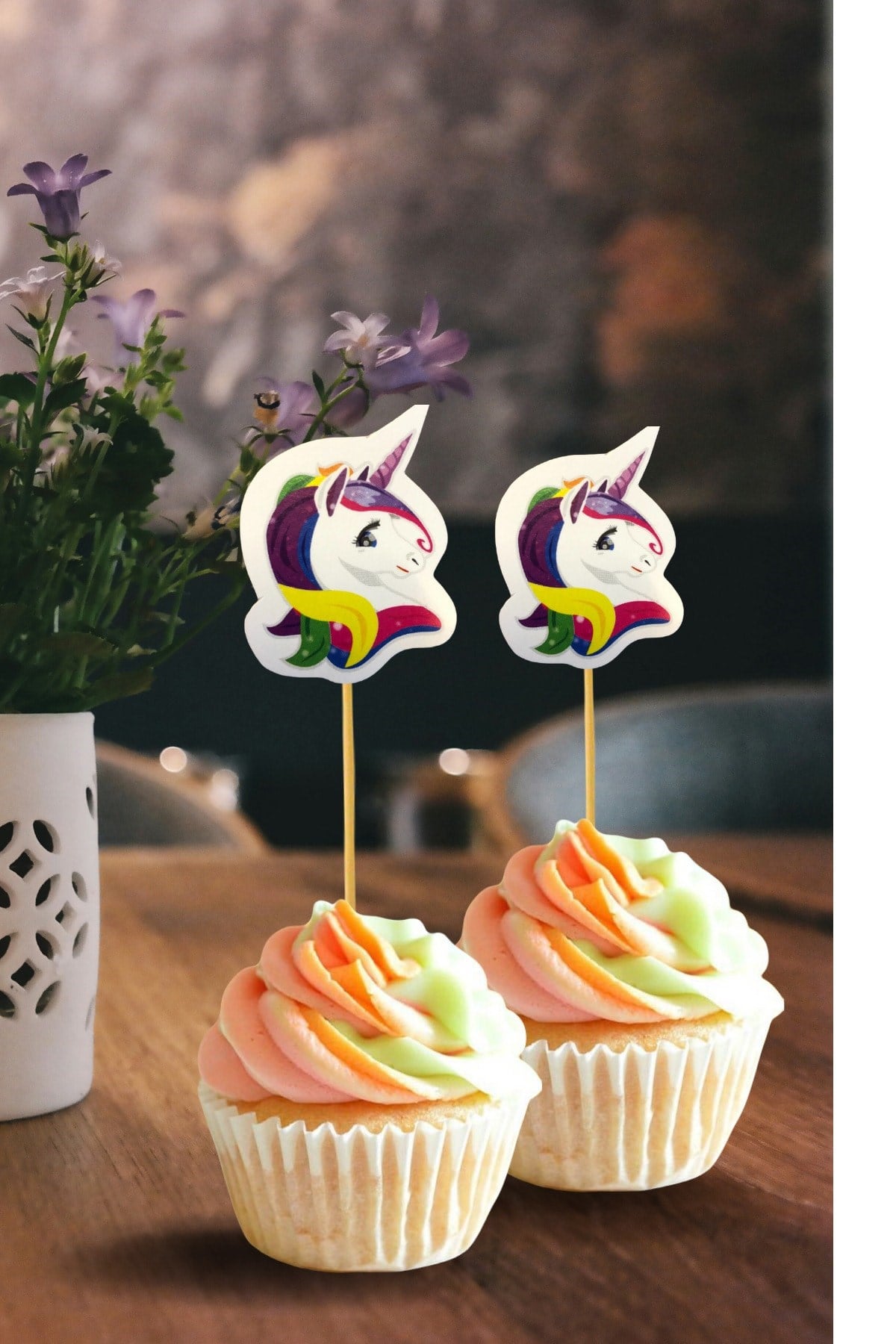Unicorn Karakterli Kürdan 10 Adet 9 cm Cupcuke Muffin Kürdanı Boynuzlu At Temalı Pony Parti Konsept