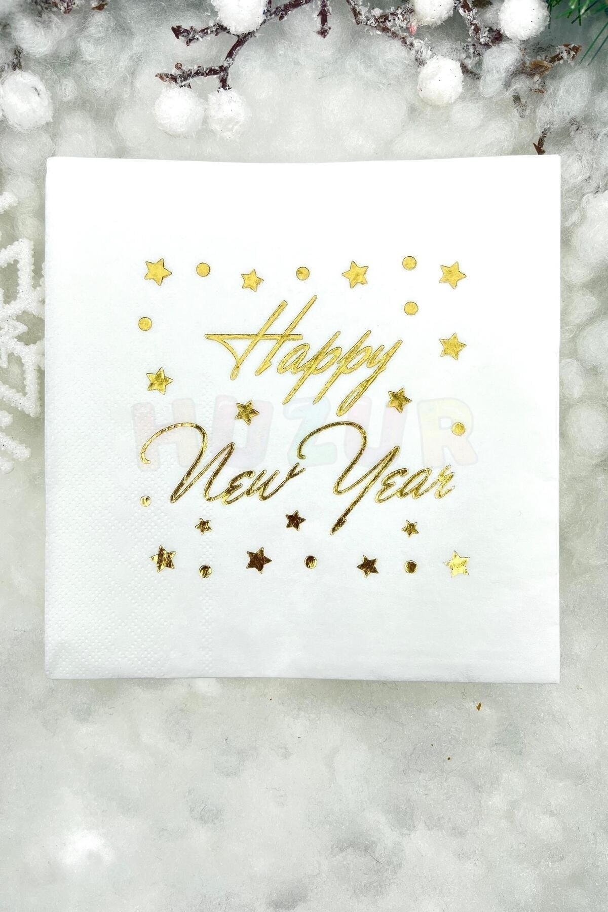 Yaldızlı Yılbaşı Peçete Happy New Year Parlak Baskılı Yıldız Detaylı Beyaz Renkli 16 Adet 16x16 Cm