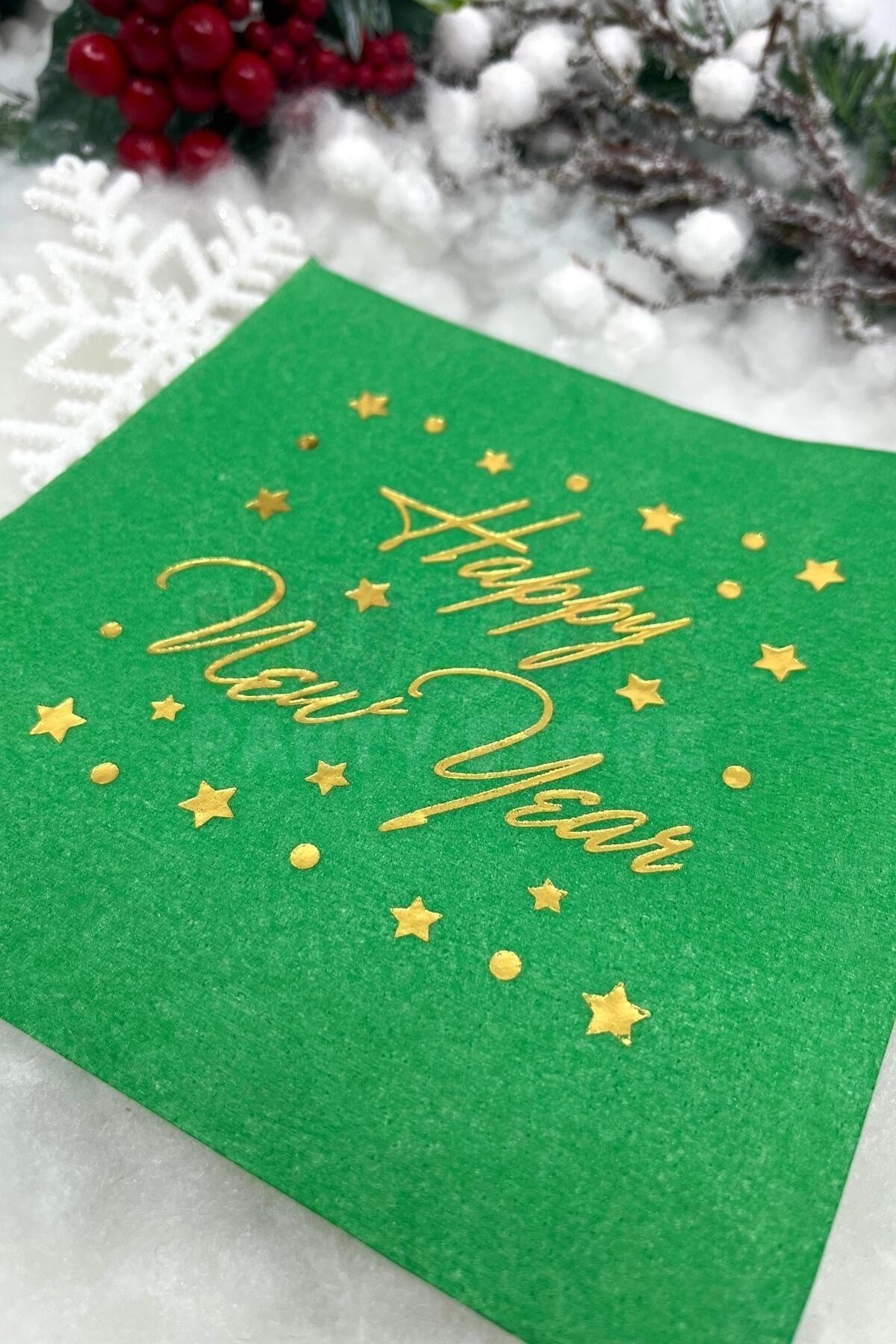 Yaldızlı Yılbaşı Peçete Happy New Year Parlak Baskılı Yıldız Detaylı Yeşil Renkli 16 Adet 16x16 Cm