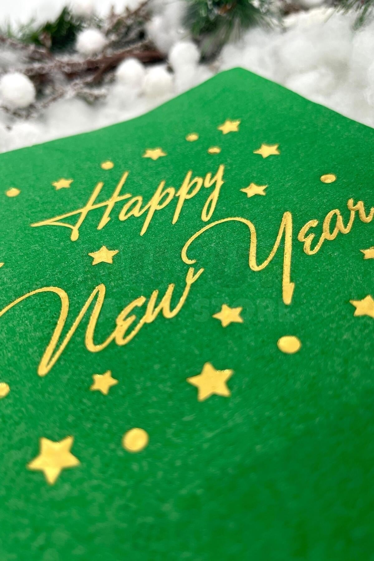Yaldızlı Yılbaşı Peçete Happy New Year Parlak Baskılı Yıldız Detaylı Yeşil Renkli 16 Adet 16x16 Cm