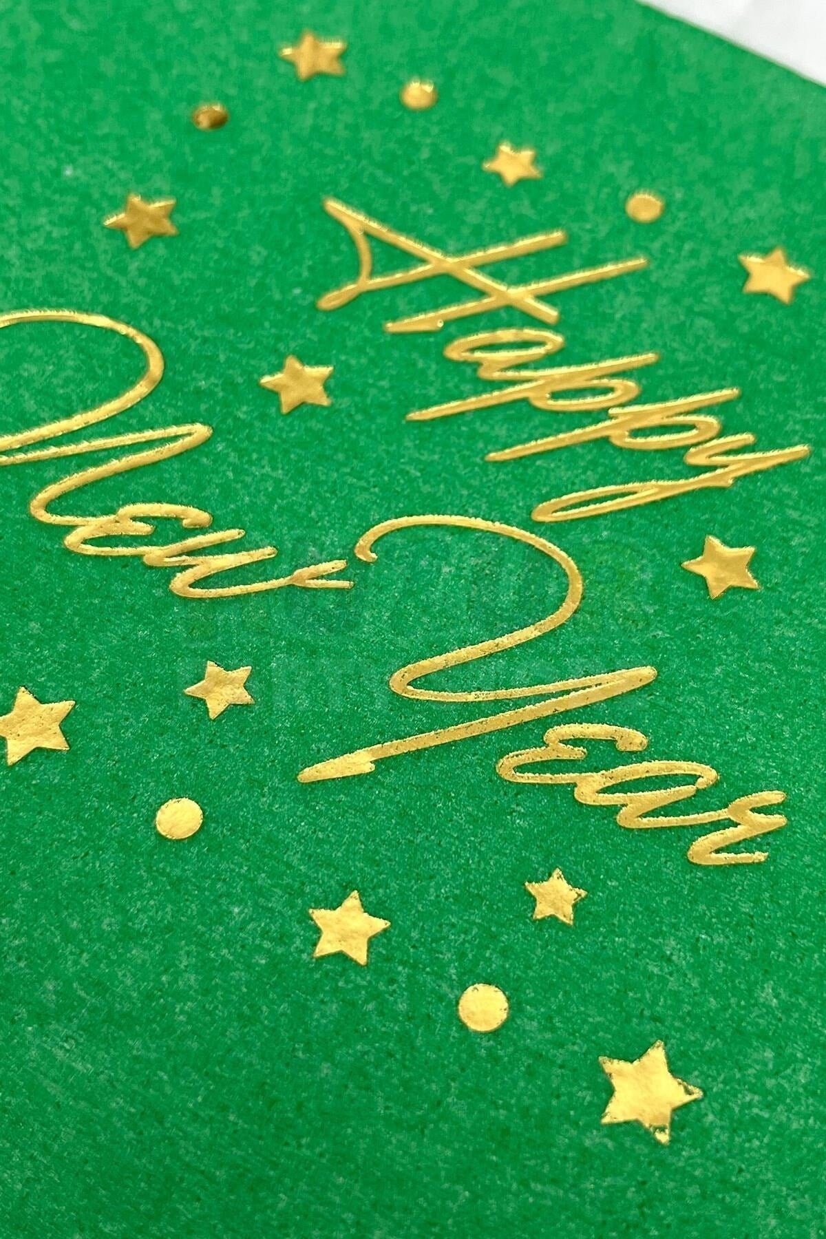 Yaldızlı Yılbaşı Peçete Happy New Year Parlak Baskılı Yıldız Detaylı Yeşil Renkli 16 Adet 16x16 Cm