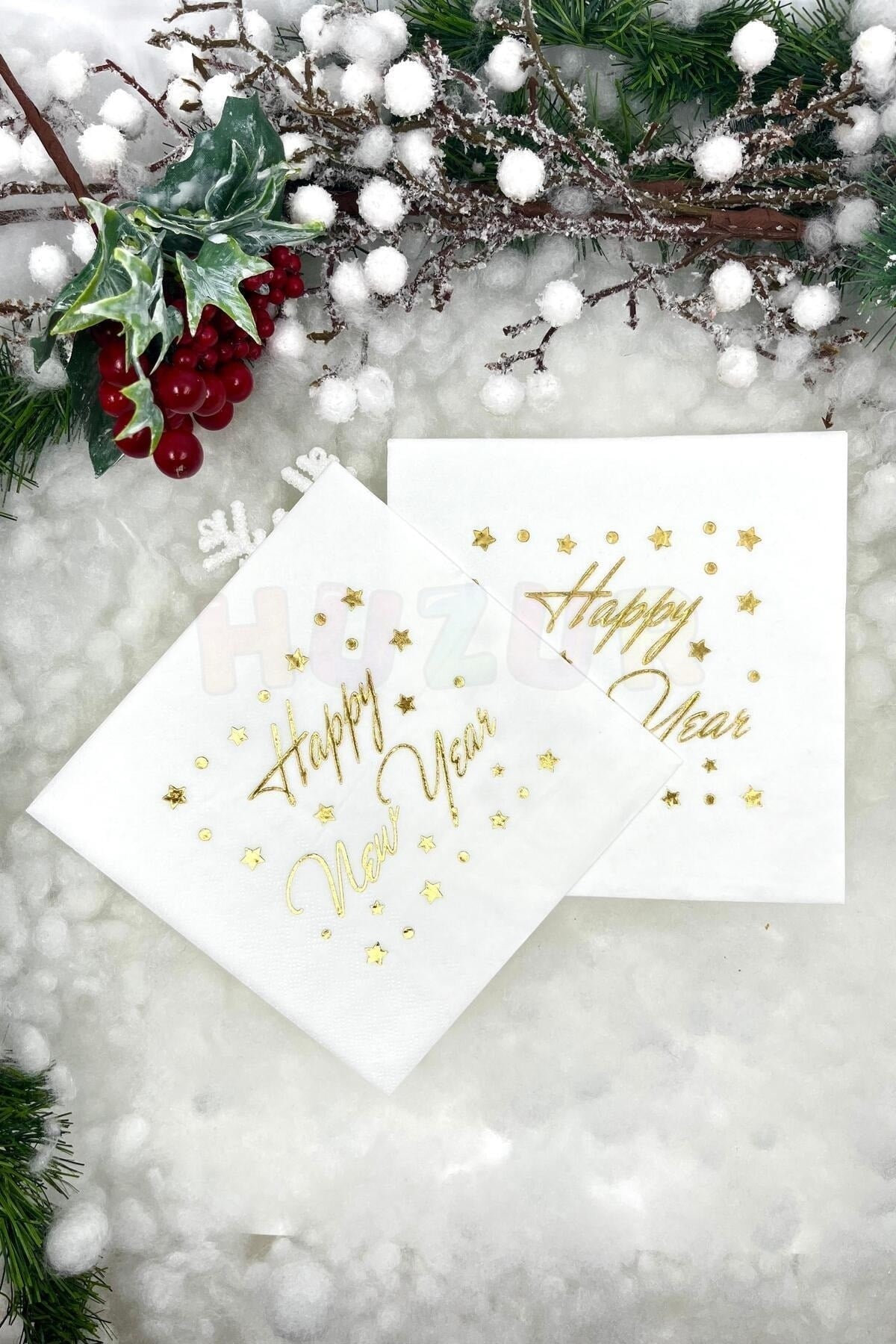 Yaldızlı Yılbaşı Peçete Happy New Year Parlak Baskılı Yıldız Detaylı Beyaz Renkli 16 Adet 16x16 Cm