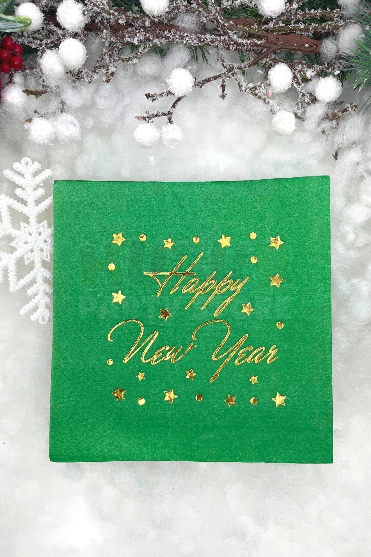 Yaldızlı Yılbaşı Peçete Happy New Year Parlak Baskılı Yıldız Detaylı Yeşil Renkli 16 Adet 16x16 Cm
