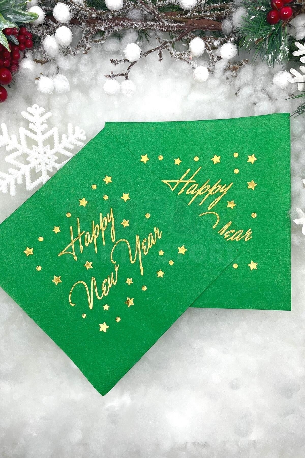 Yaldızlı Yılbaşı Peçete Happy New Year Parlak Baskılı Yıldız Detaylı Yeşil Renkli 16 Adet 16x16 Cm