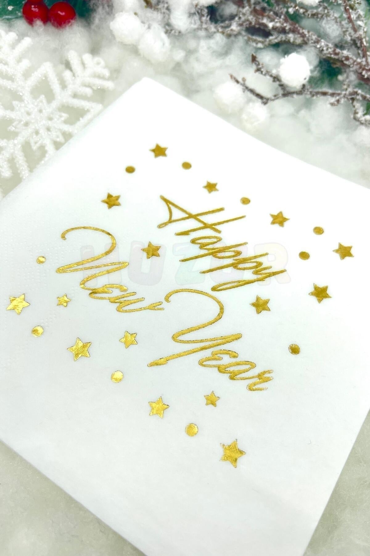 Yaldızlı Yılbaşı Peçete Happy New Year Parlak Baskılı Yıldız Detaylı Beyaz Renkli 16 Adet 16x16 Cm