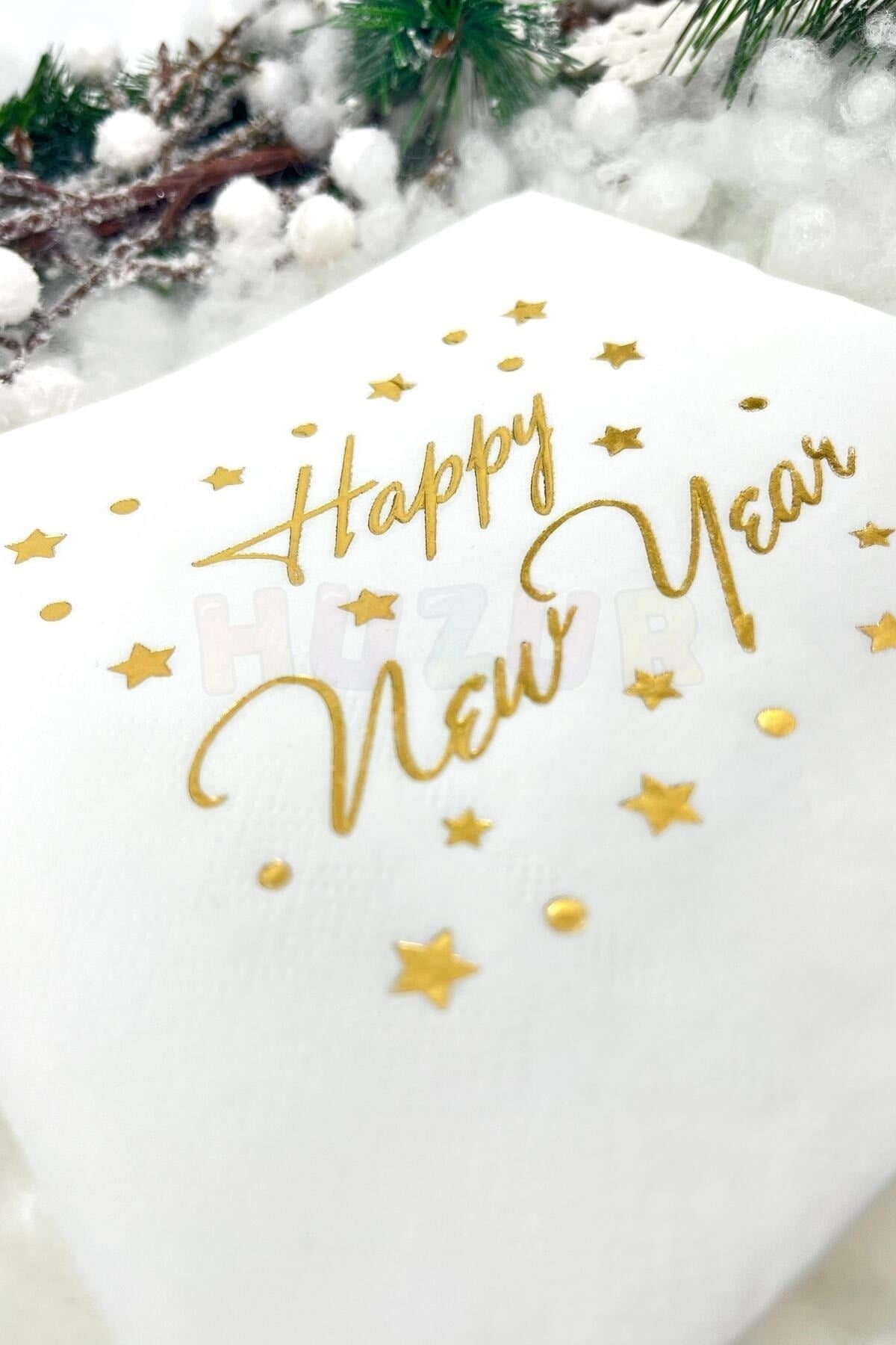 Yaldızlı Yılbaşı Peçete Happy New Year Parlak Baskılı Yıldız Detaylı Beyaz Renkli 16 Adet 16x16 Cm