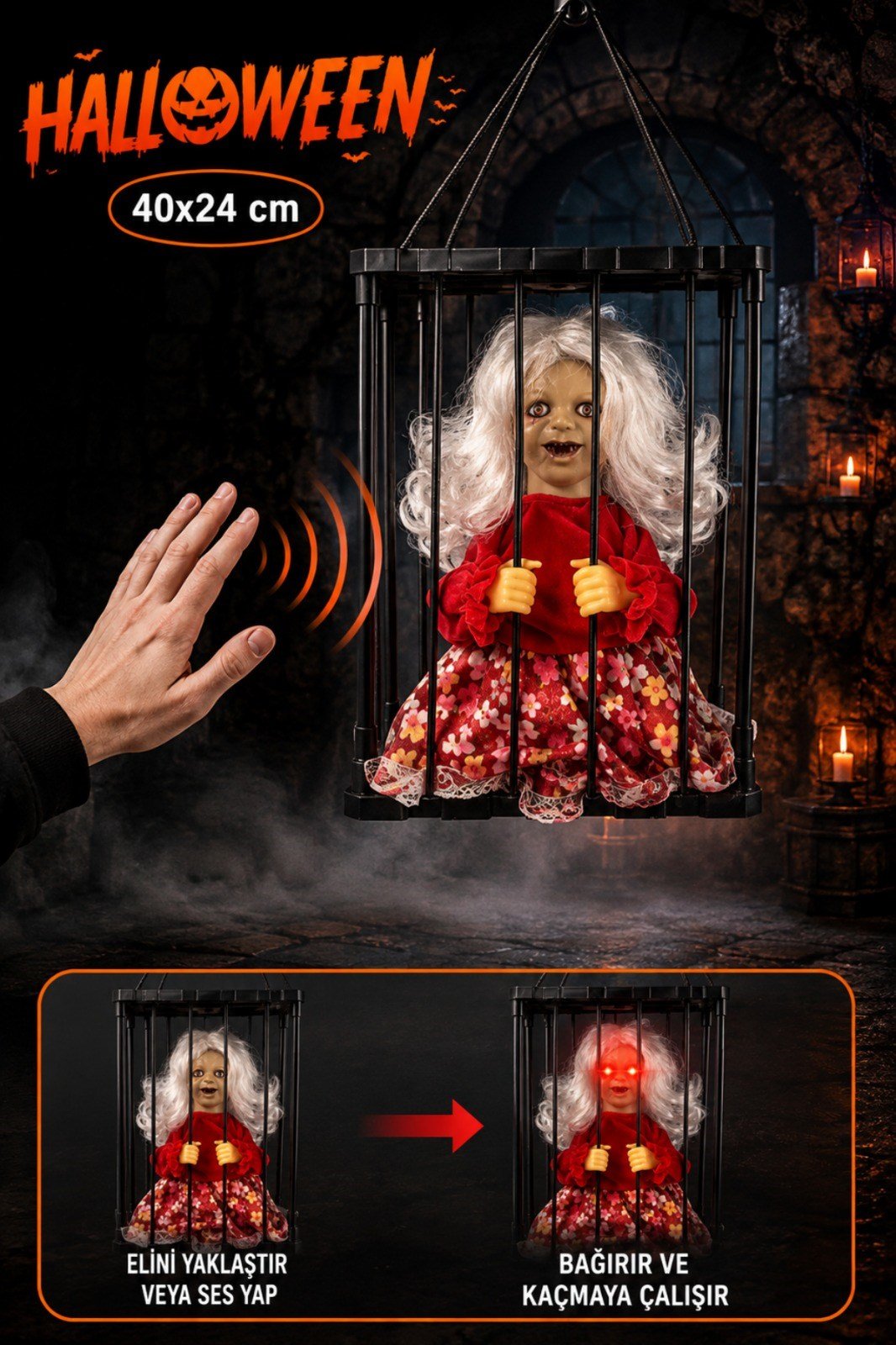 Yaşlı Kız Hareketli Sese Duyarlı Kafes İçinde Işıklı 40x24 Cm Pilli Cadılar Bayramı Halloween Dekor