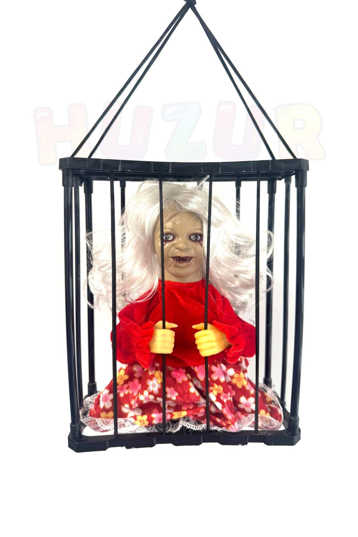 Yaşlı Kız Hareketli Sese Duyarlı Kafes İçinde Işıklı 40x24 Cm Pilli Cadılar Bayramı Halloween Dekor